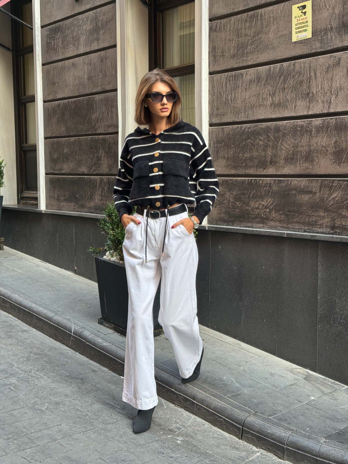 Angora Kaşonlu Çizgili Hırka