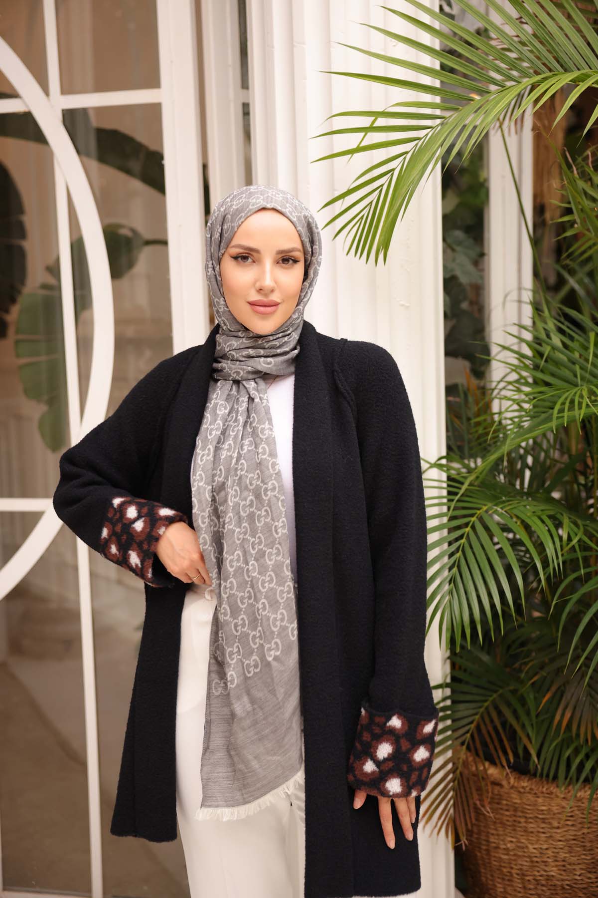 Angora Kol Manşeti Leopar Desenli Hırka