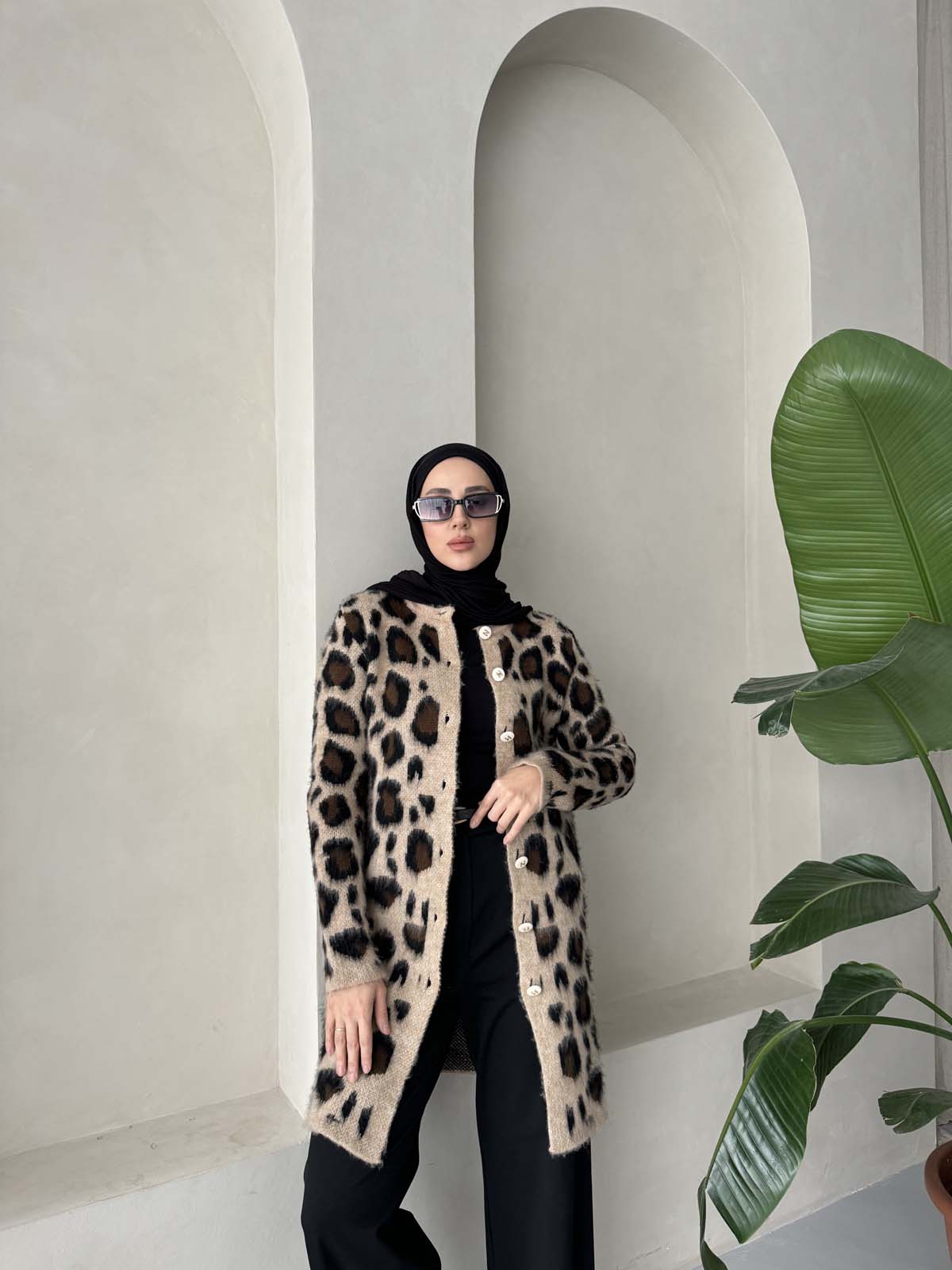 Şardonlu  Leopar Desenli Uzun Hırka