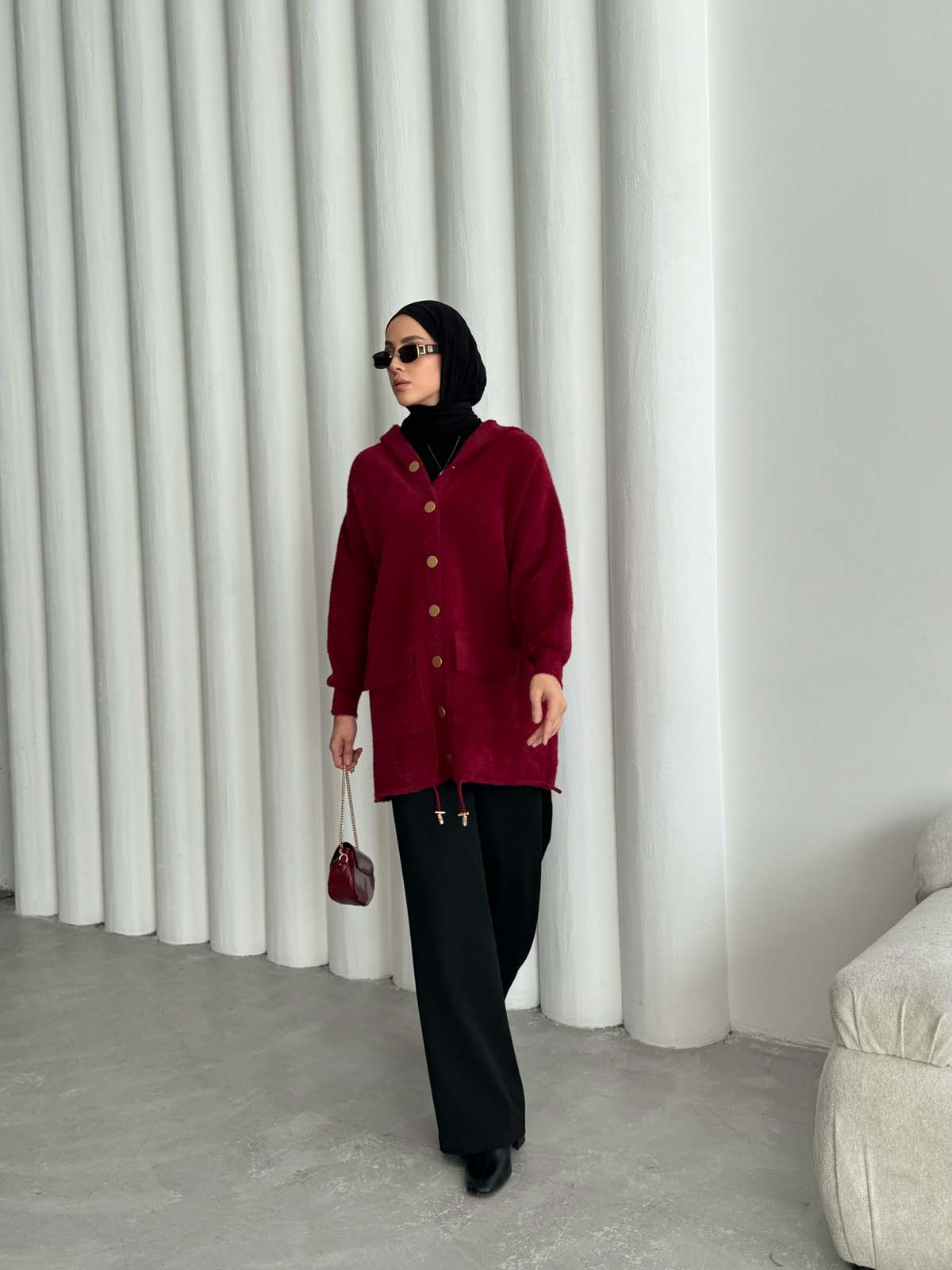 Angora Kapşonlu Uzun Hırka