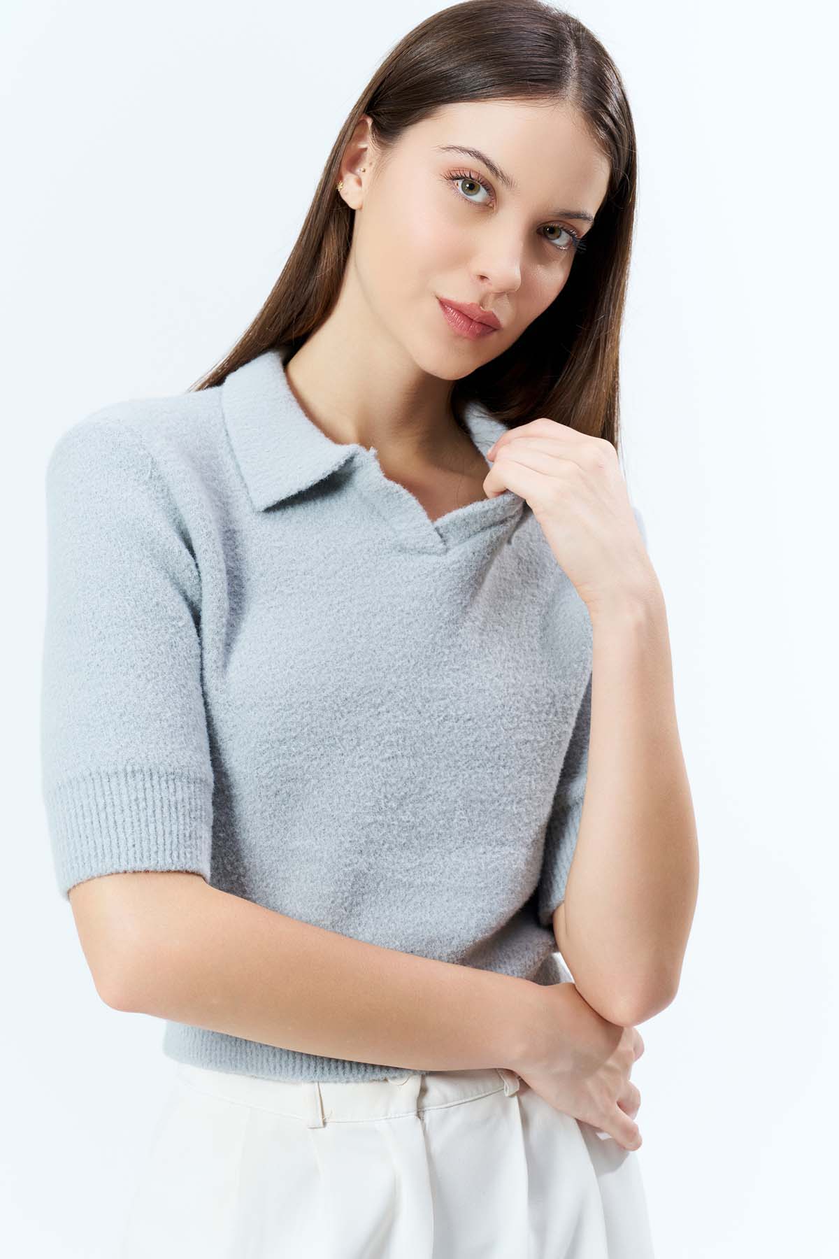 Angora Gömlek Yaka KısaKollu Kazak