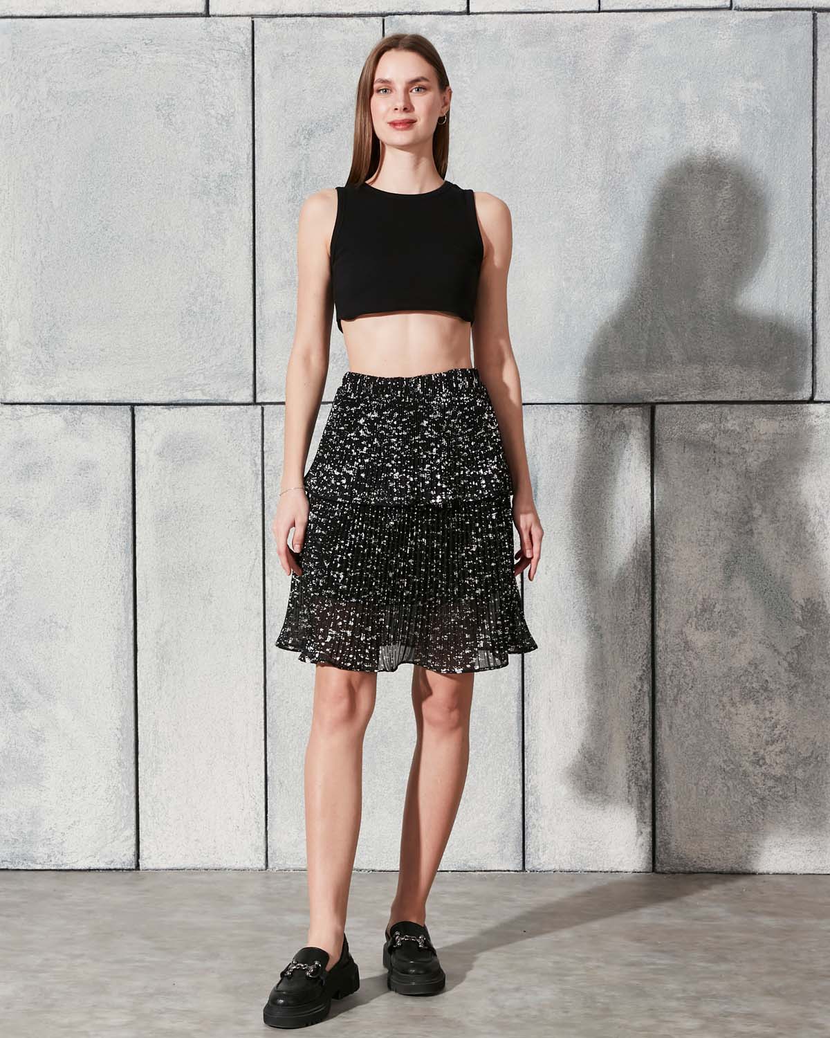 Fırça Varak Desenli(2 Katlı) Kısa Pileli Etek