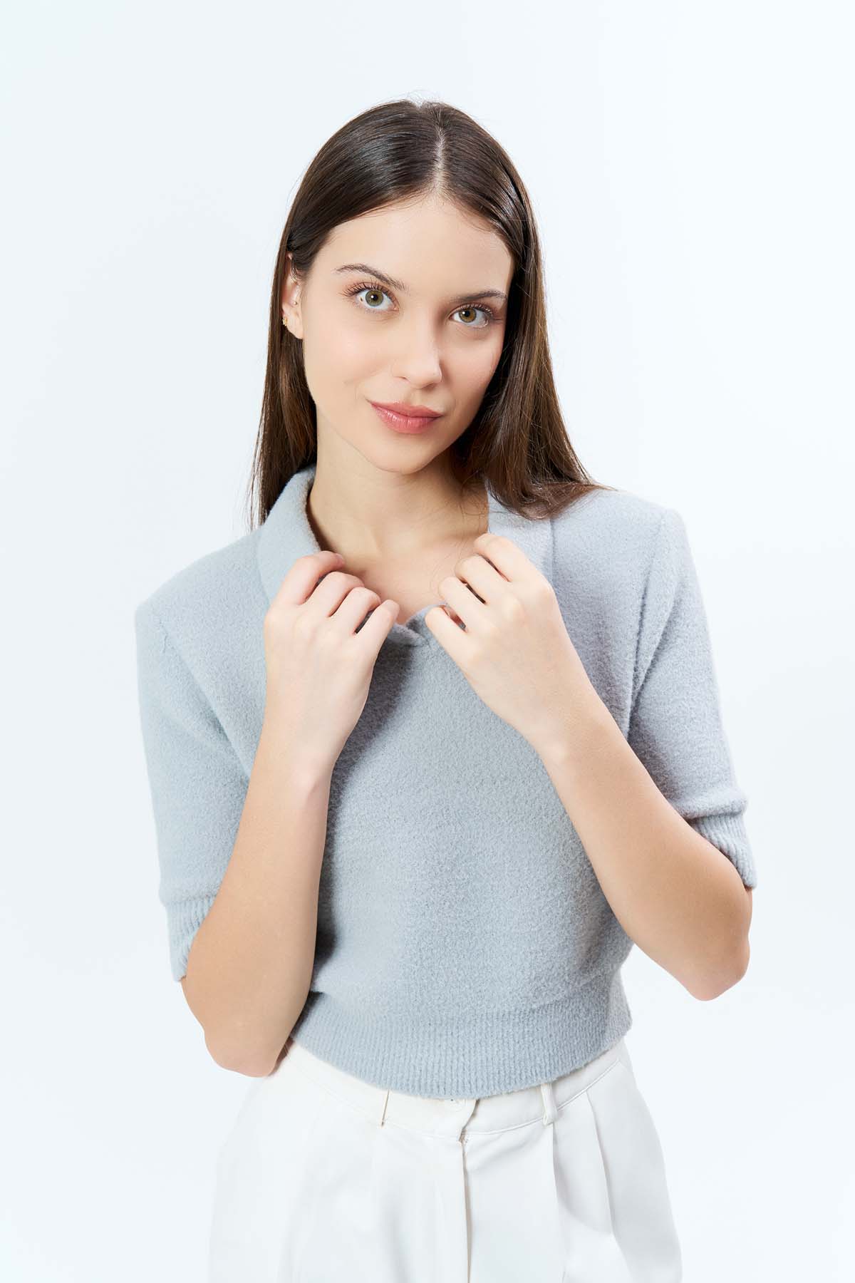 Angora Gömlek Yaka KısaKollu Kazak