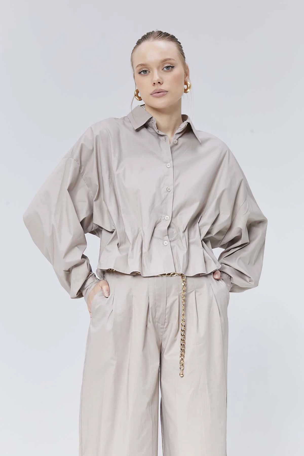 Önü Büzgülü Poplin Gömlek