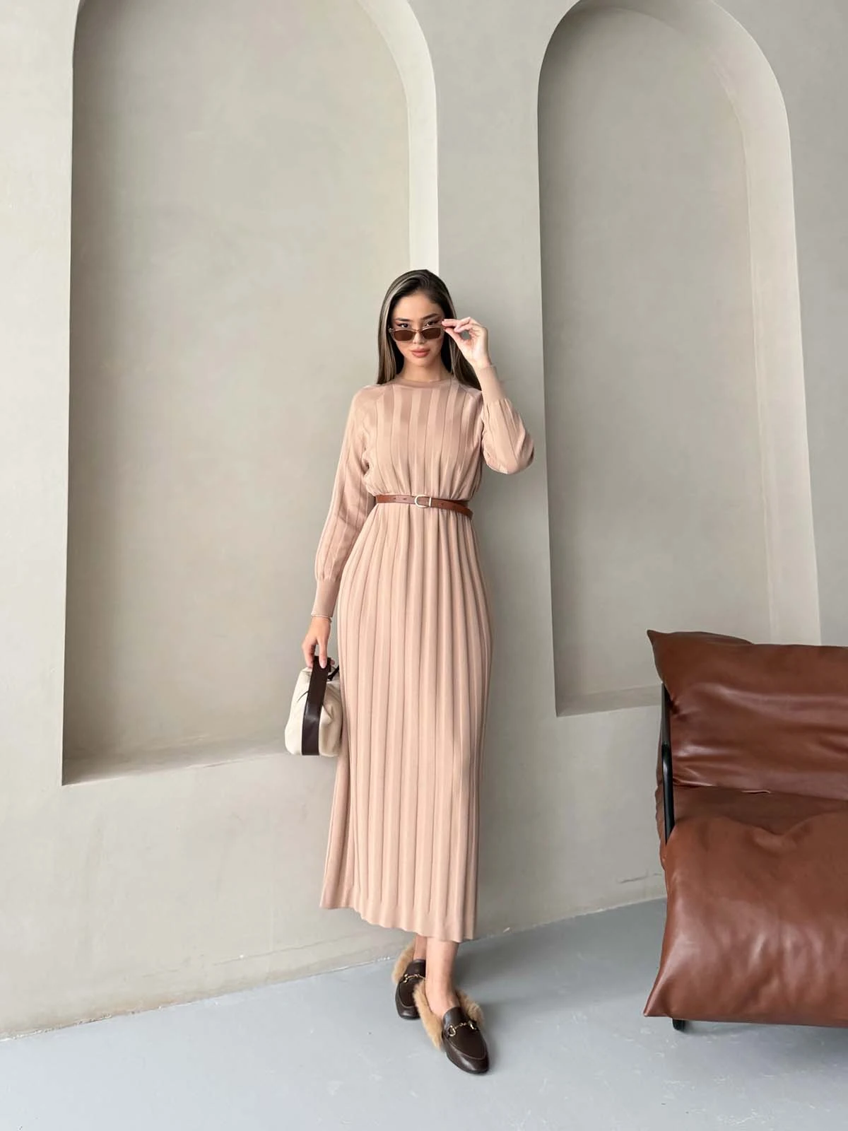 Rayon Kalın Fitilli  Uzun  Elbise