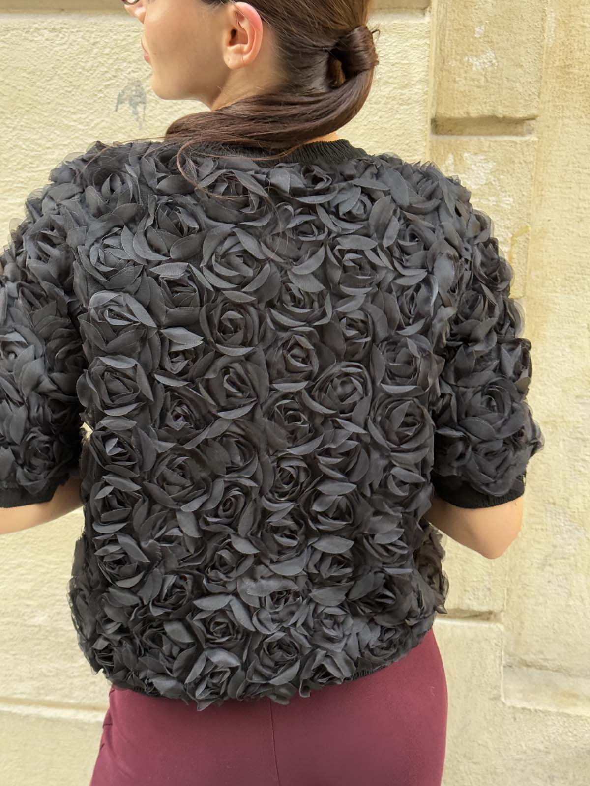 Pamuk Gül Tül Kumaşlı Kısa Kollu Kazak