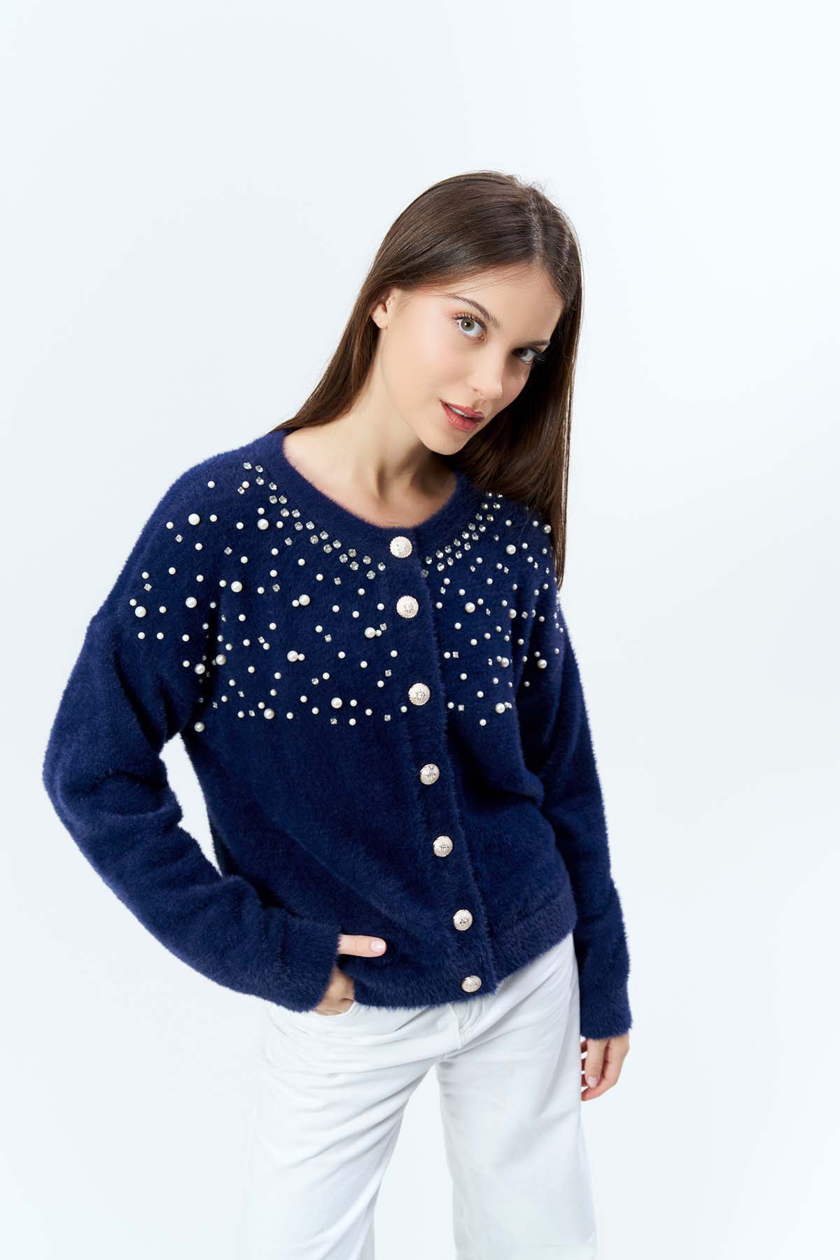 Angora İncili Düğmeli Kısa Ceket