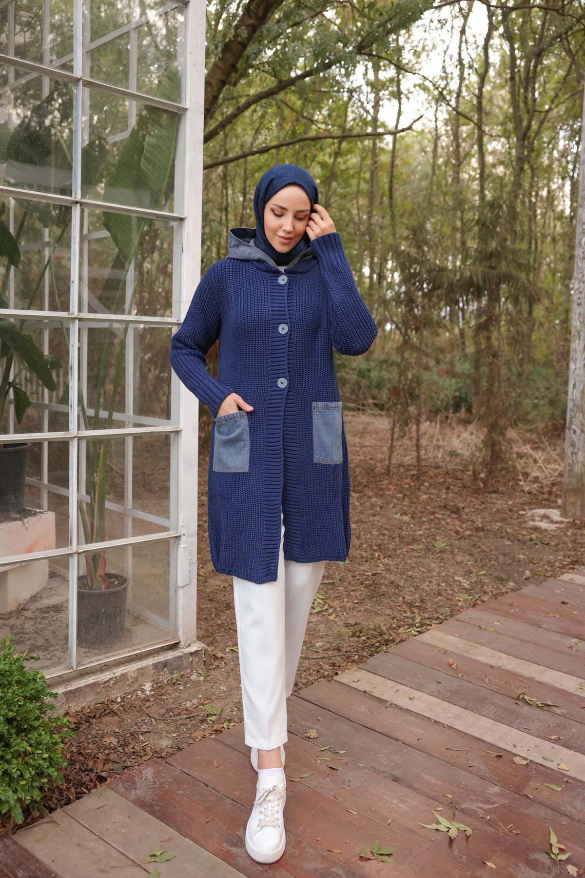 Kot Kapüşonlu Kot Cepli Uzun Hırka