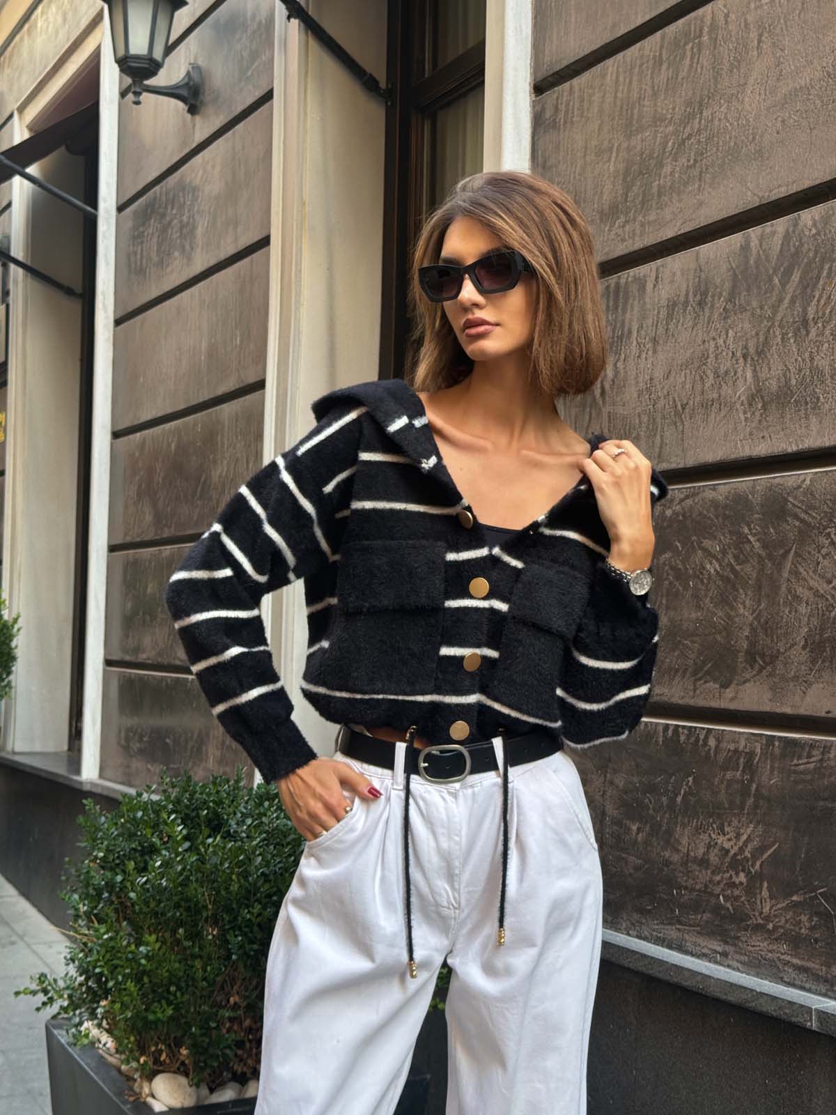 Angora Kaşonlu Çizgili Hırka