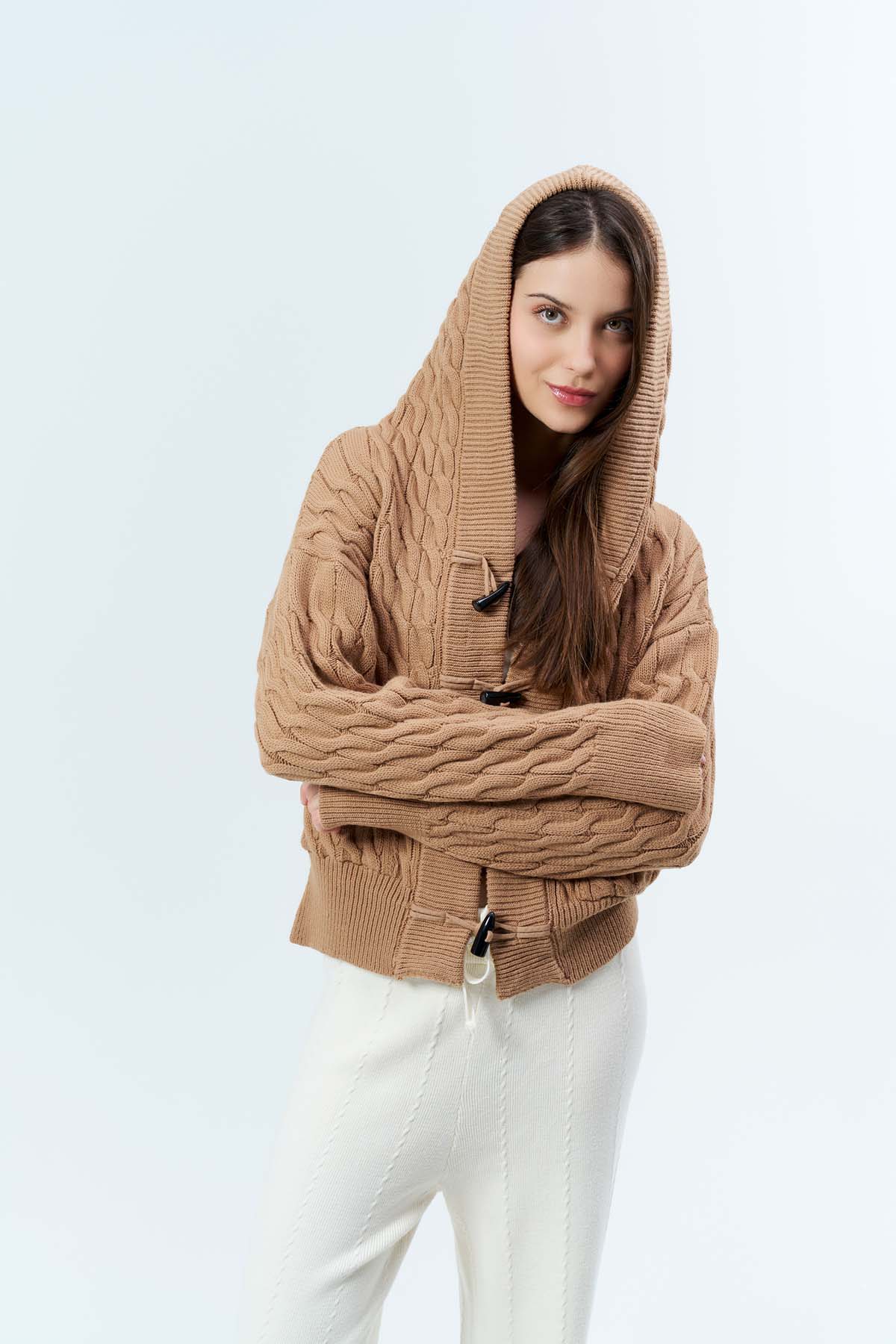 SaçÖrgülü Kapşonlu Cepli Ceket