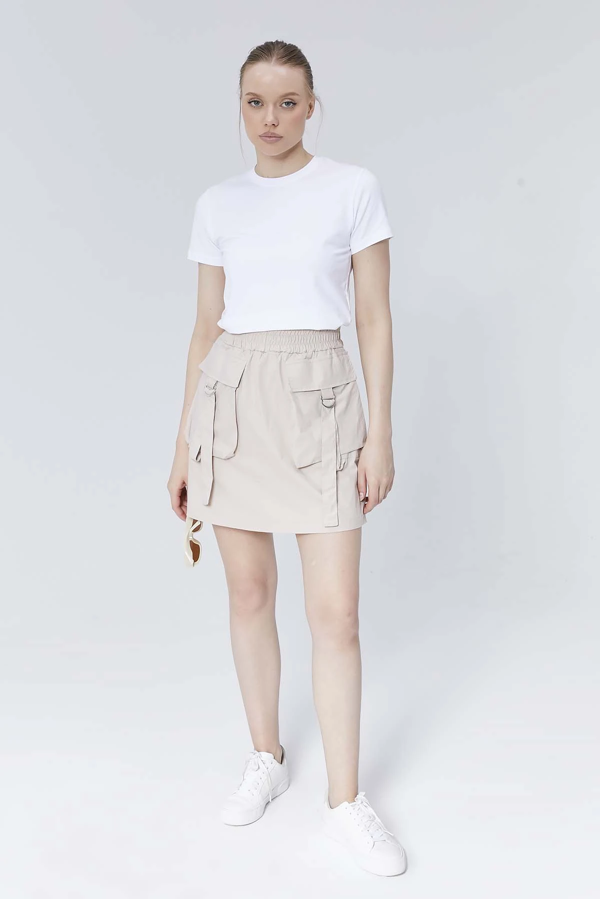 Beli Lastikli Cepli Poplin Kısa Etek