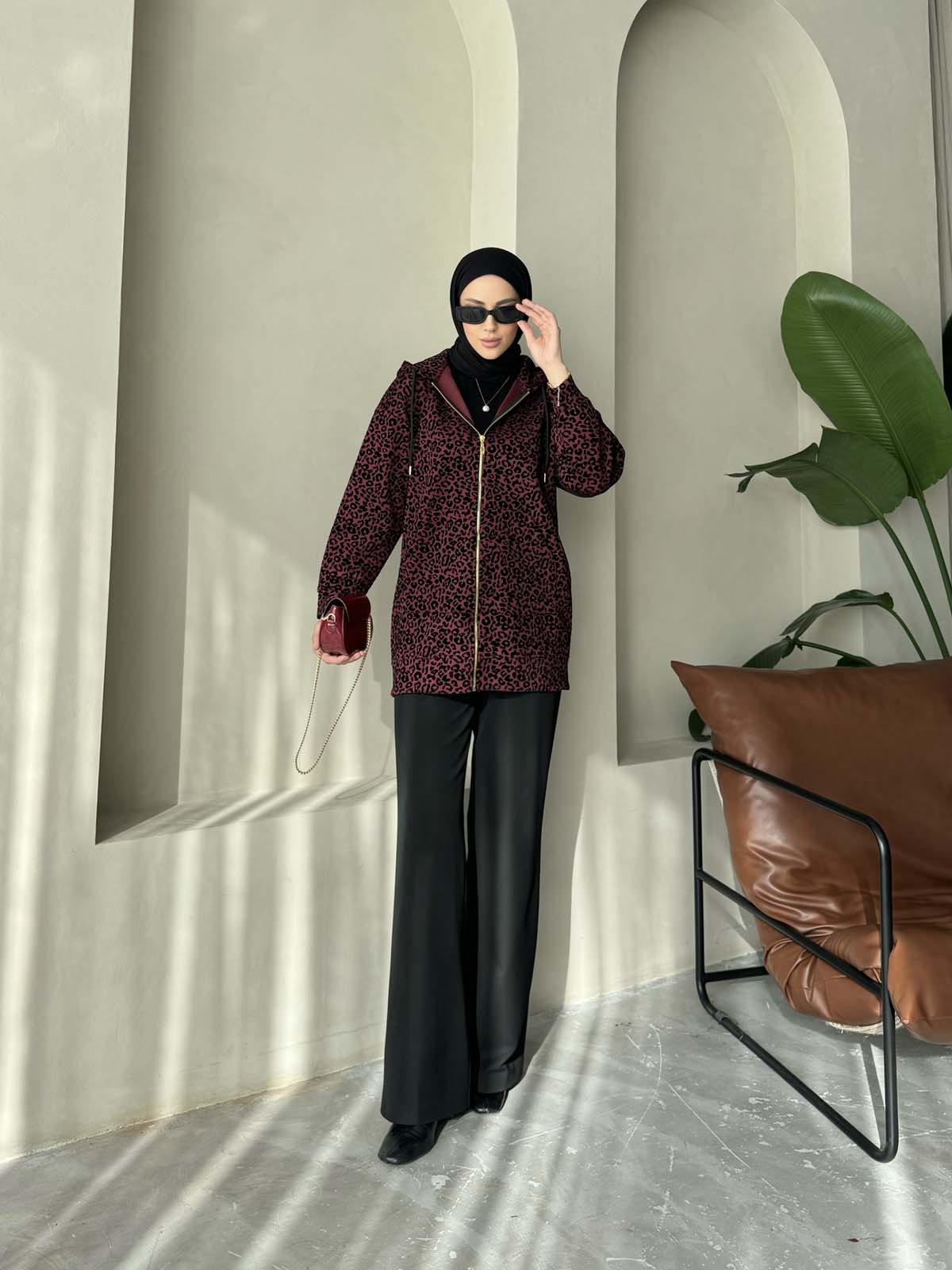 Flok Baskılı Fermuarlı  Ceket