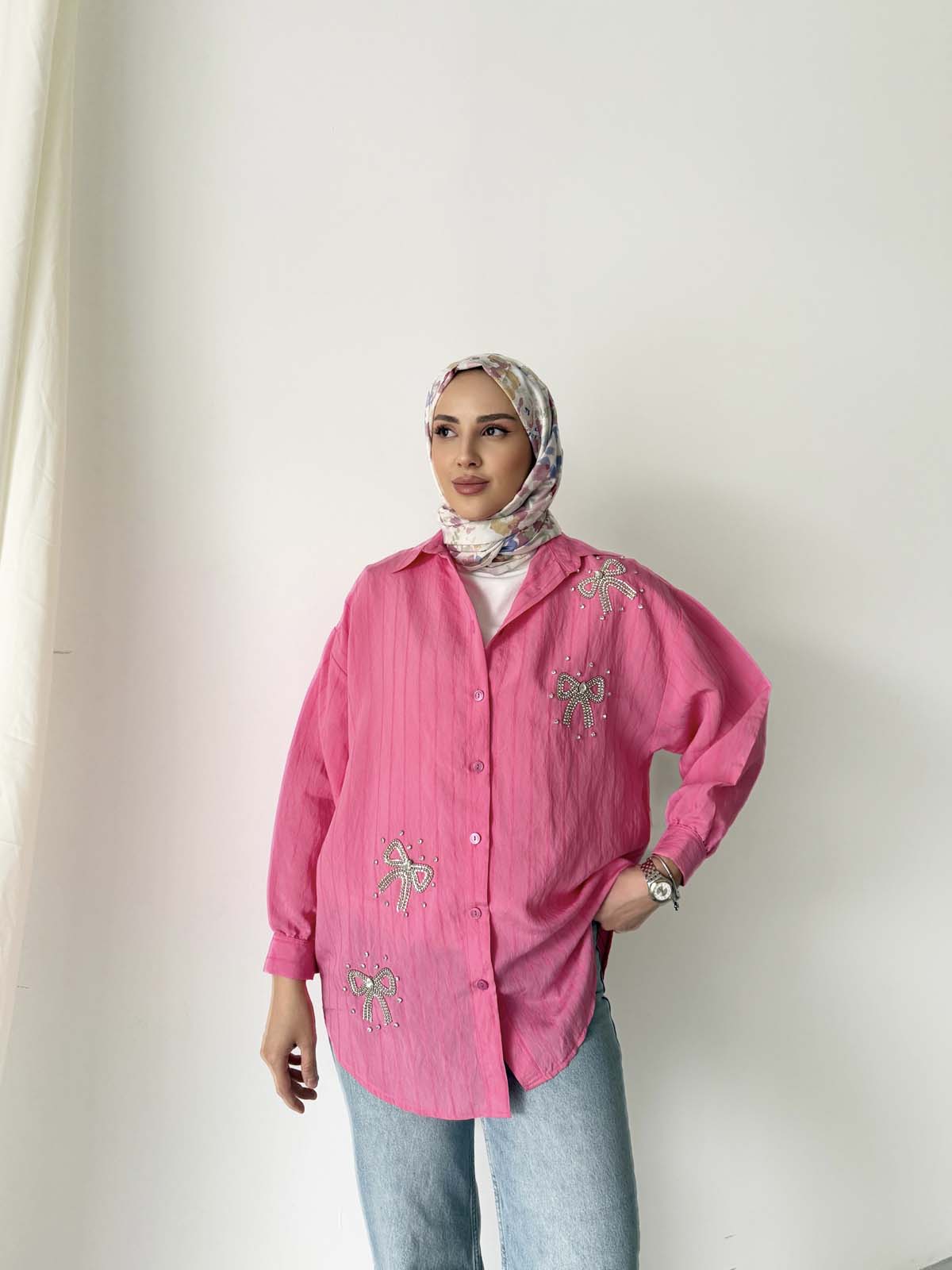 Fiyonk Desenli Taşlı  Seul Gömlek