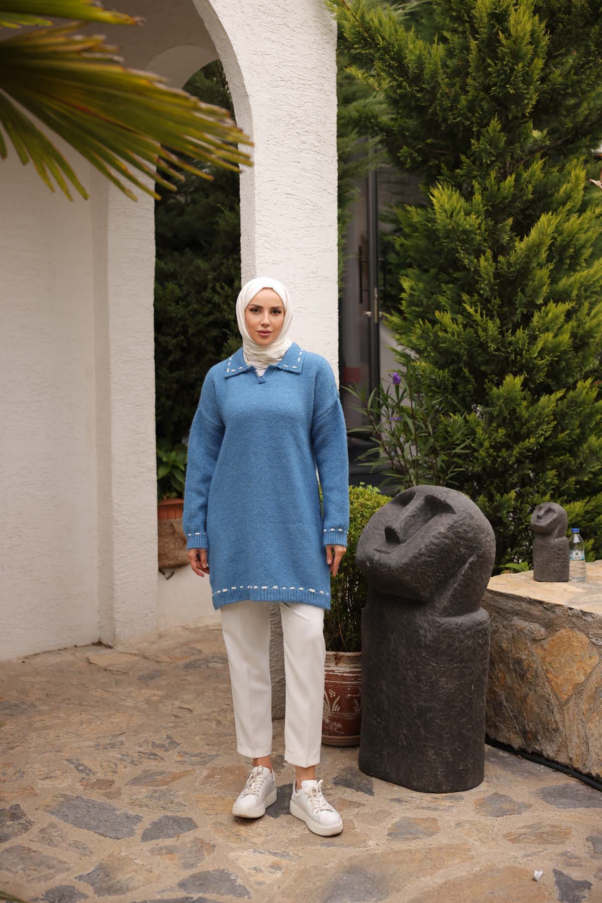 Şardonlu ELişili Gömlek Yaka Tunik