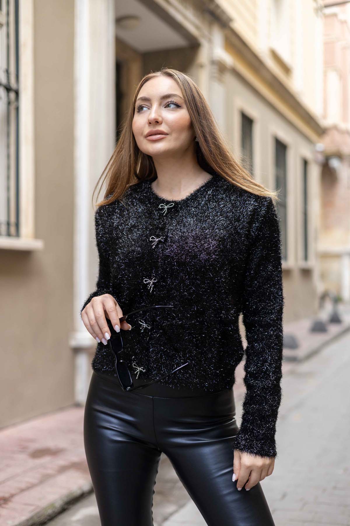 Simli Angora Düğmeli Hırka