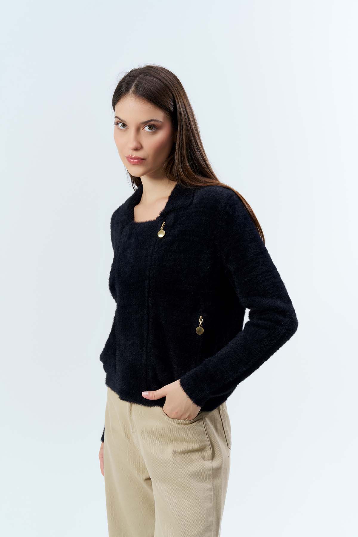 Angora Fermuarlı Gömlek Yaka Hırka