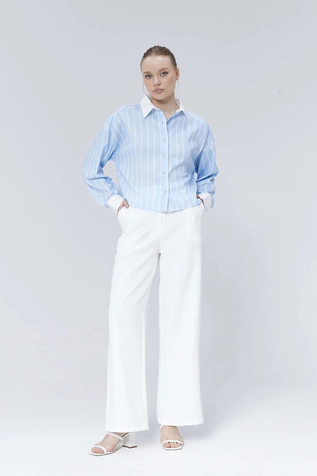 Yakası Düz  Uzun  Kollu  Çizgili  Gömlek