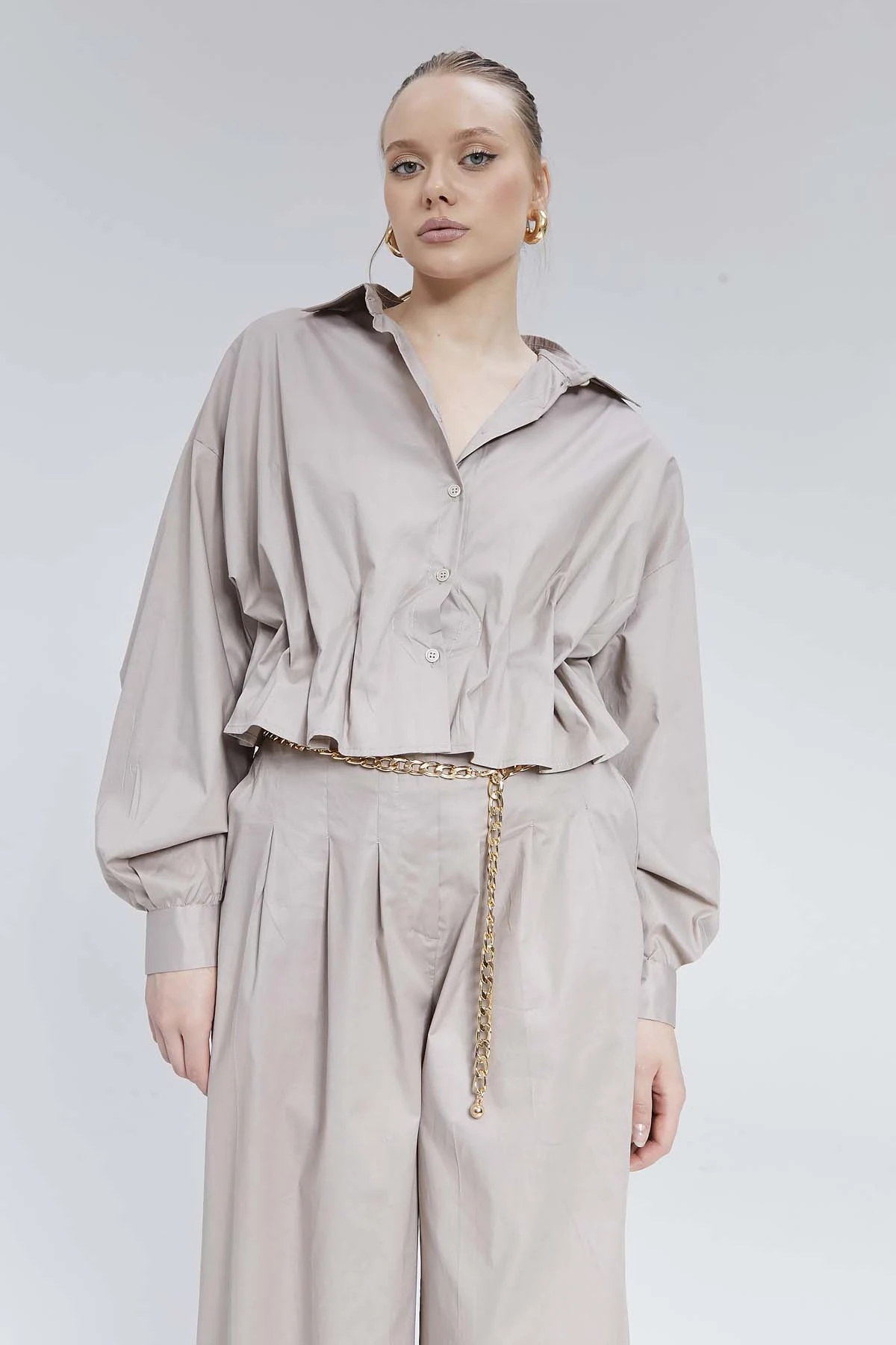 Önü Büzgülü Poplin Gömlek