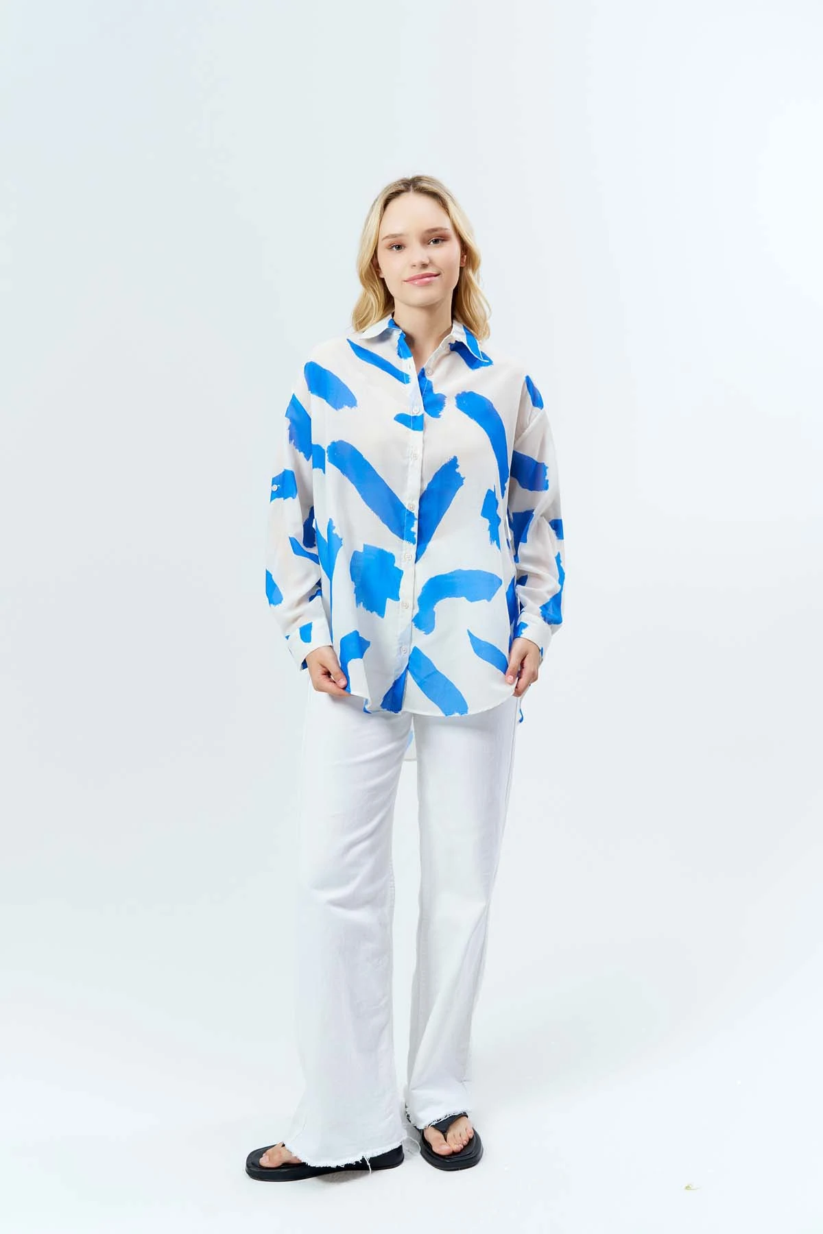 Mavi Fırça Desen Düğmeli Gömlek