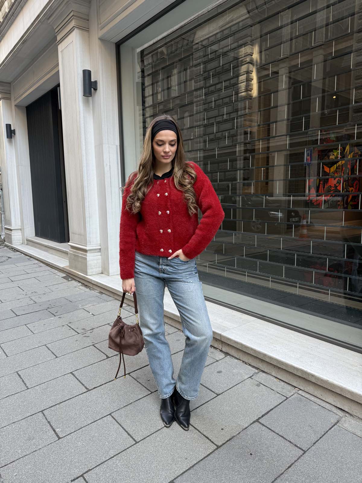 Angora  Yuvarlak Yaka  Kalp Düğmeli Kısa Hırka