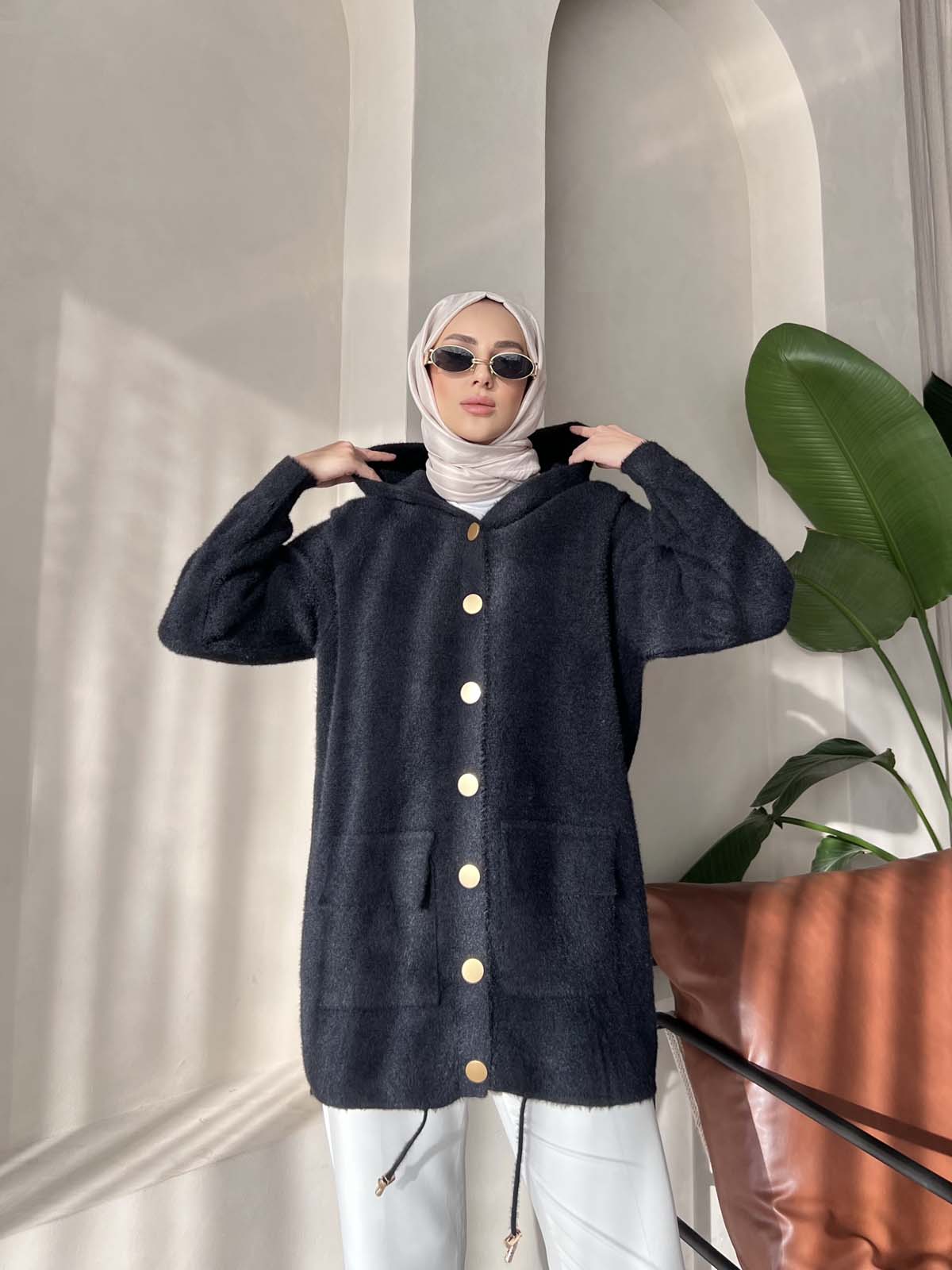 Angora Kapşonlu Uzun Hırka