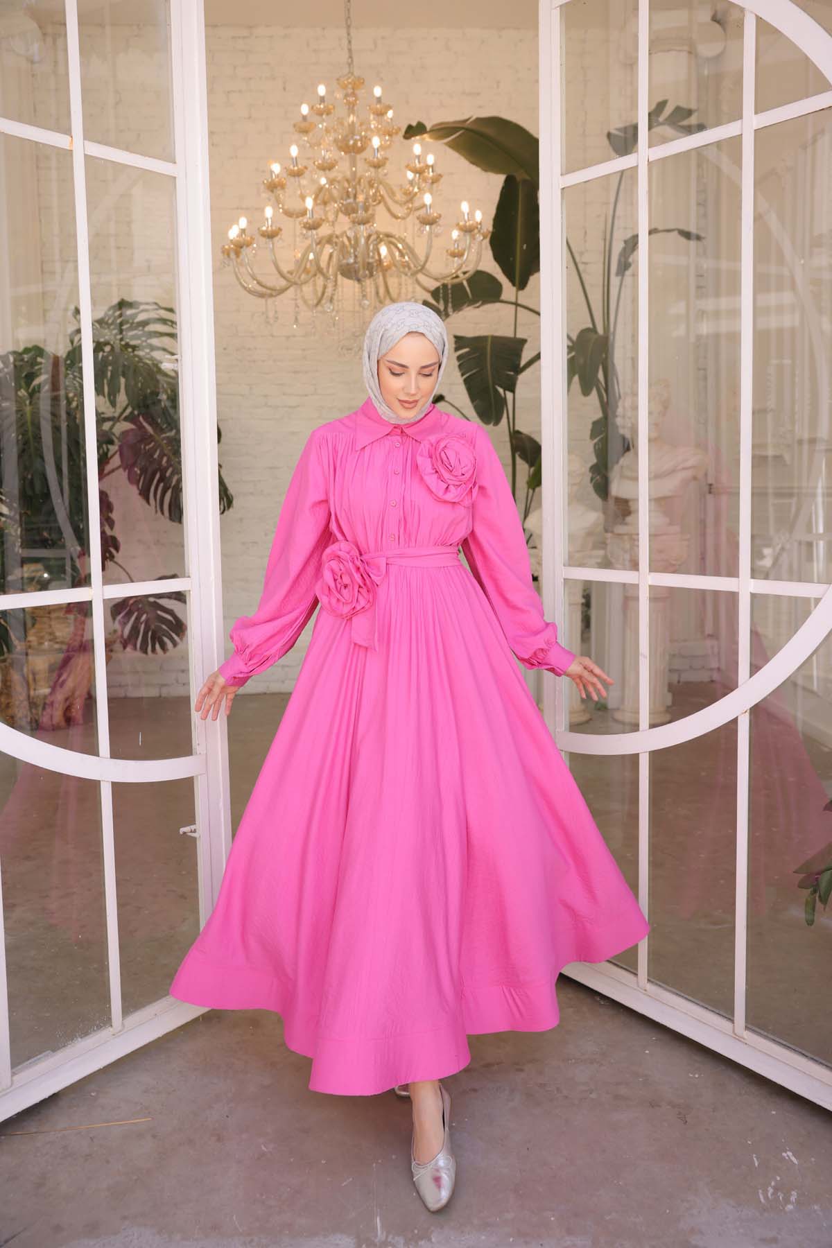 Gömlek Yaka Güllü Dokuma Elbise