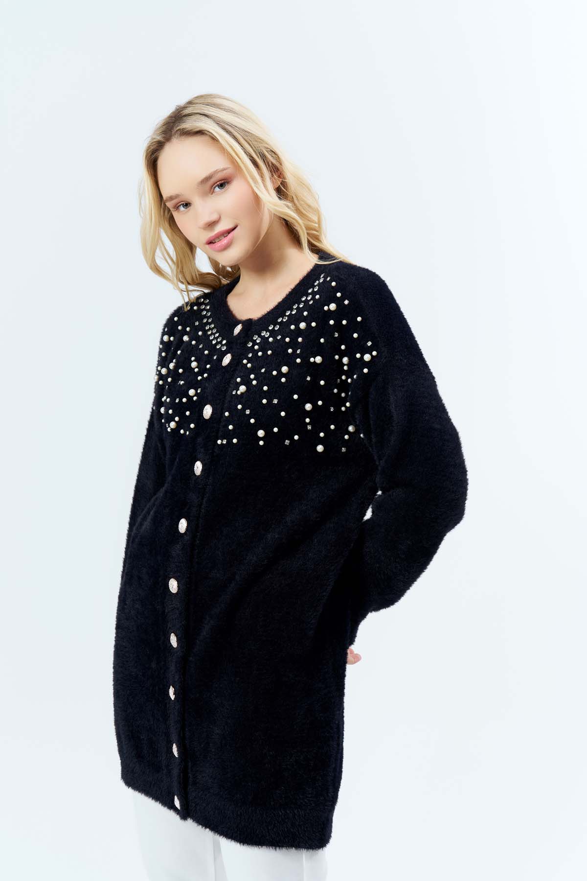 Angora İncili Uzun Ceket