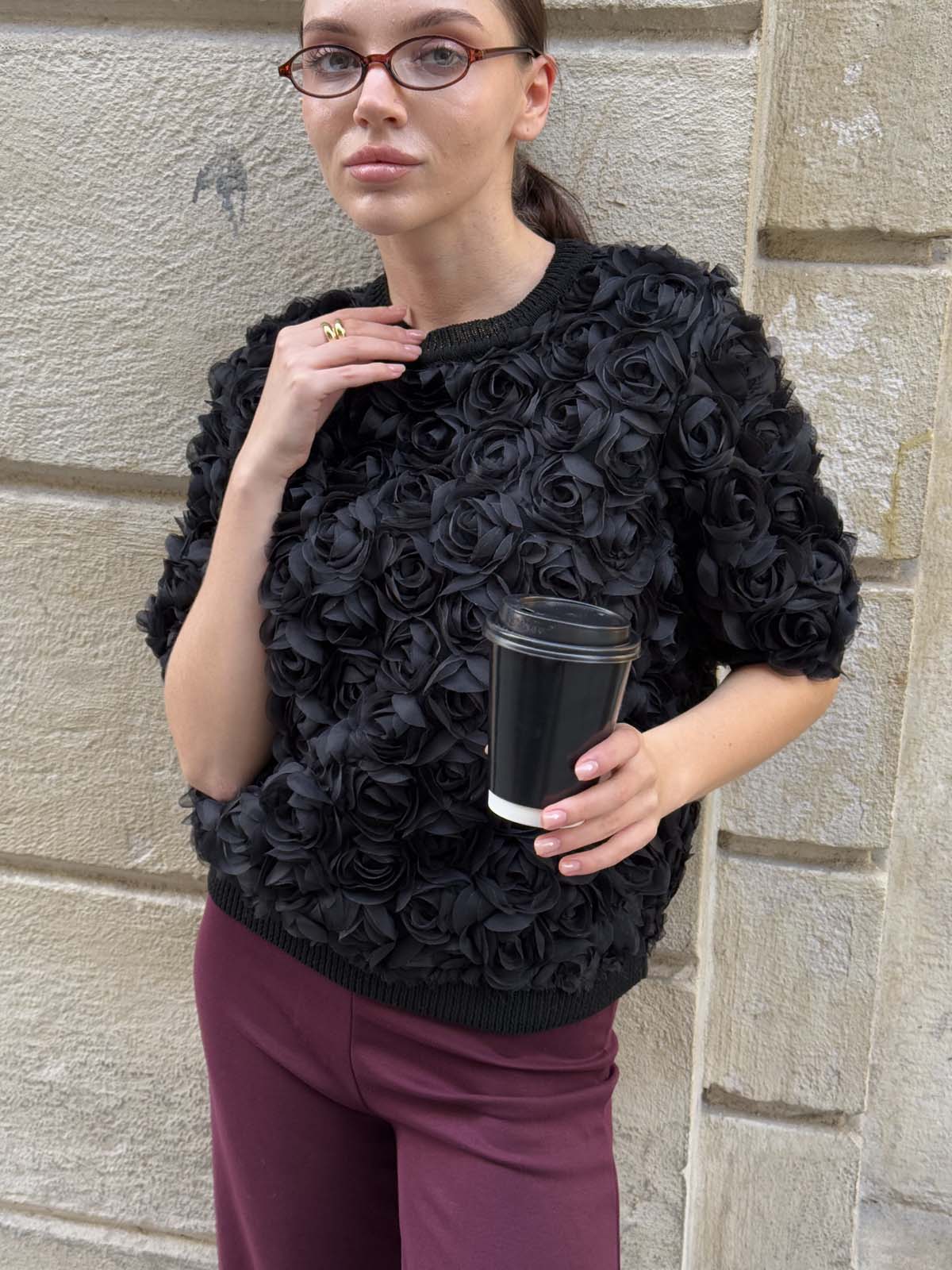 Pamuk Gül Tül Kumaşlı Kısa Kollu Kazak