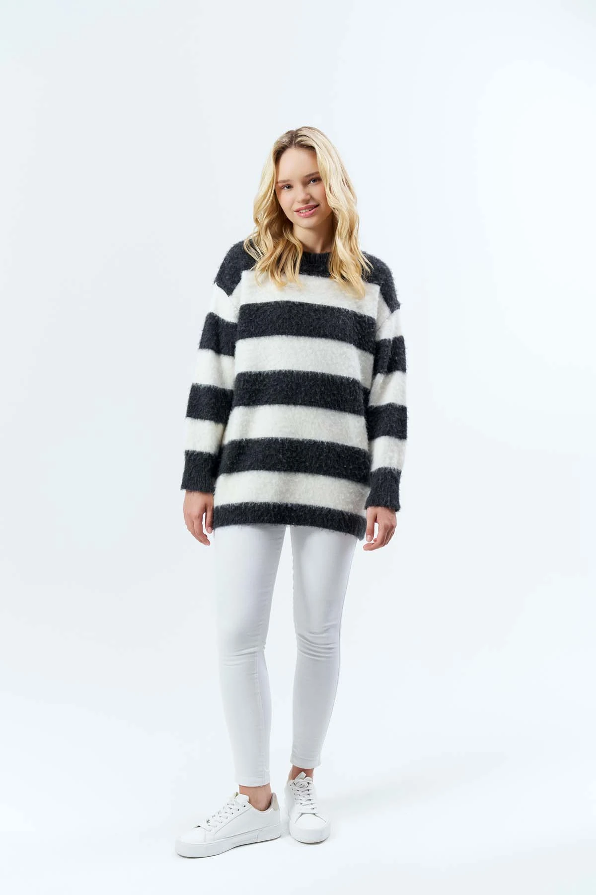 Şardonlu Çizgili Bisiklet Yaka Tunik