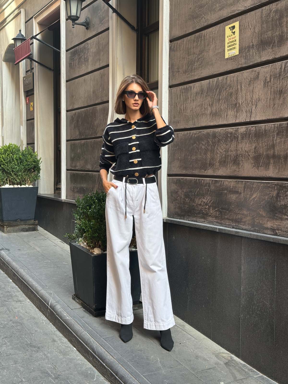 Angora Kaşonlu Çizgili Hırka