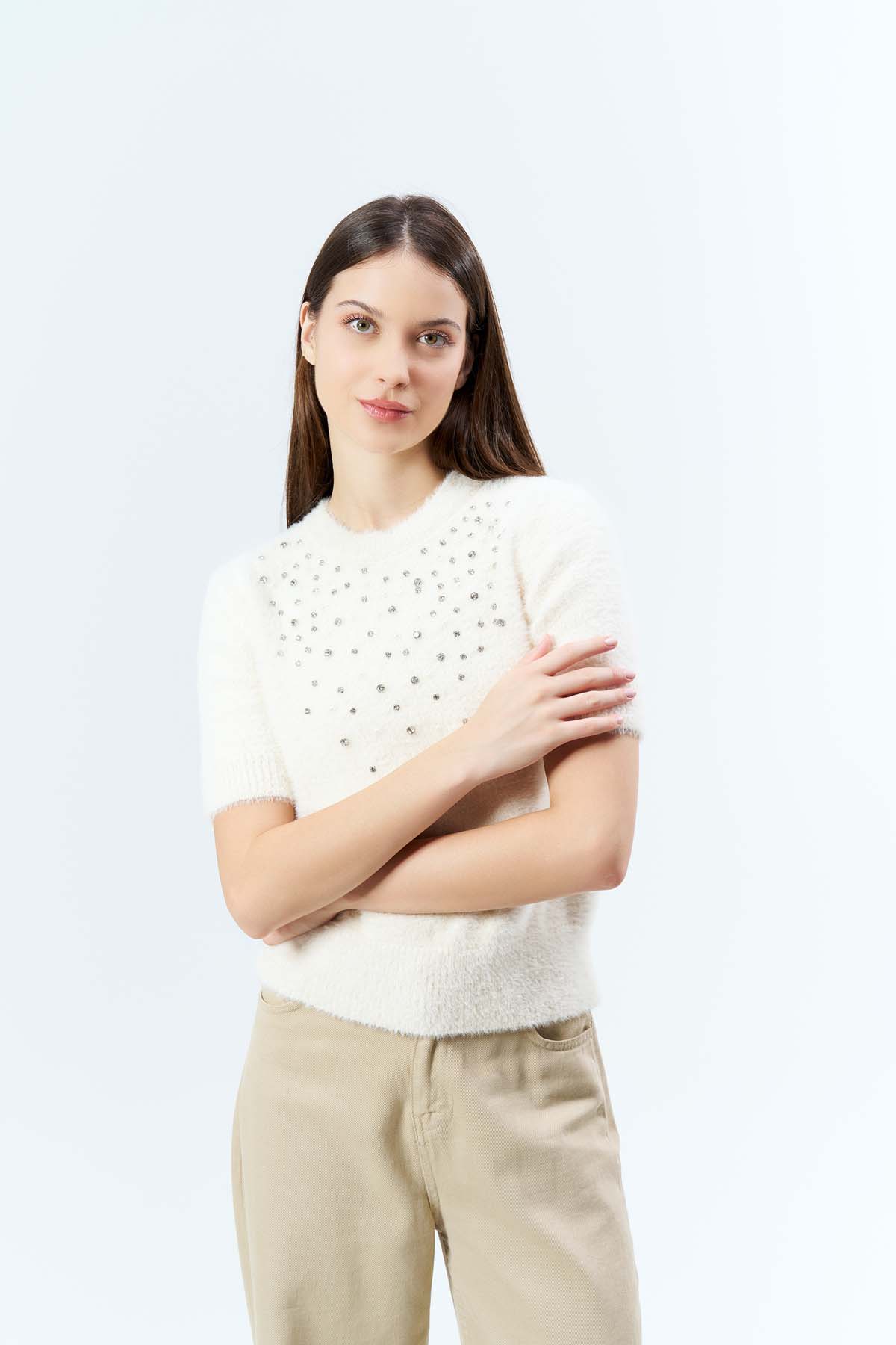 Angora Kısa Kollu Beyoğlu Taşlı Kazak