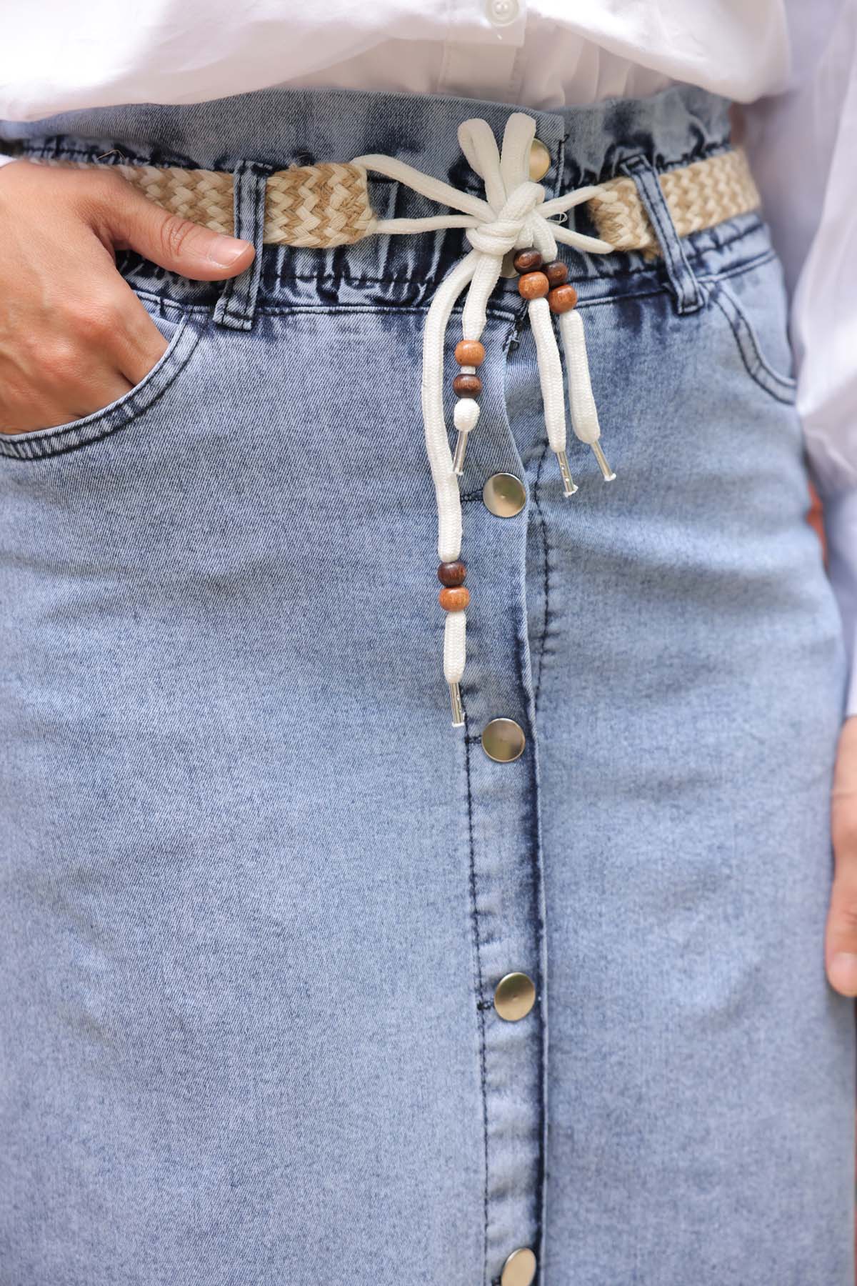 Düğmeli Kemerli Kot Etek