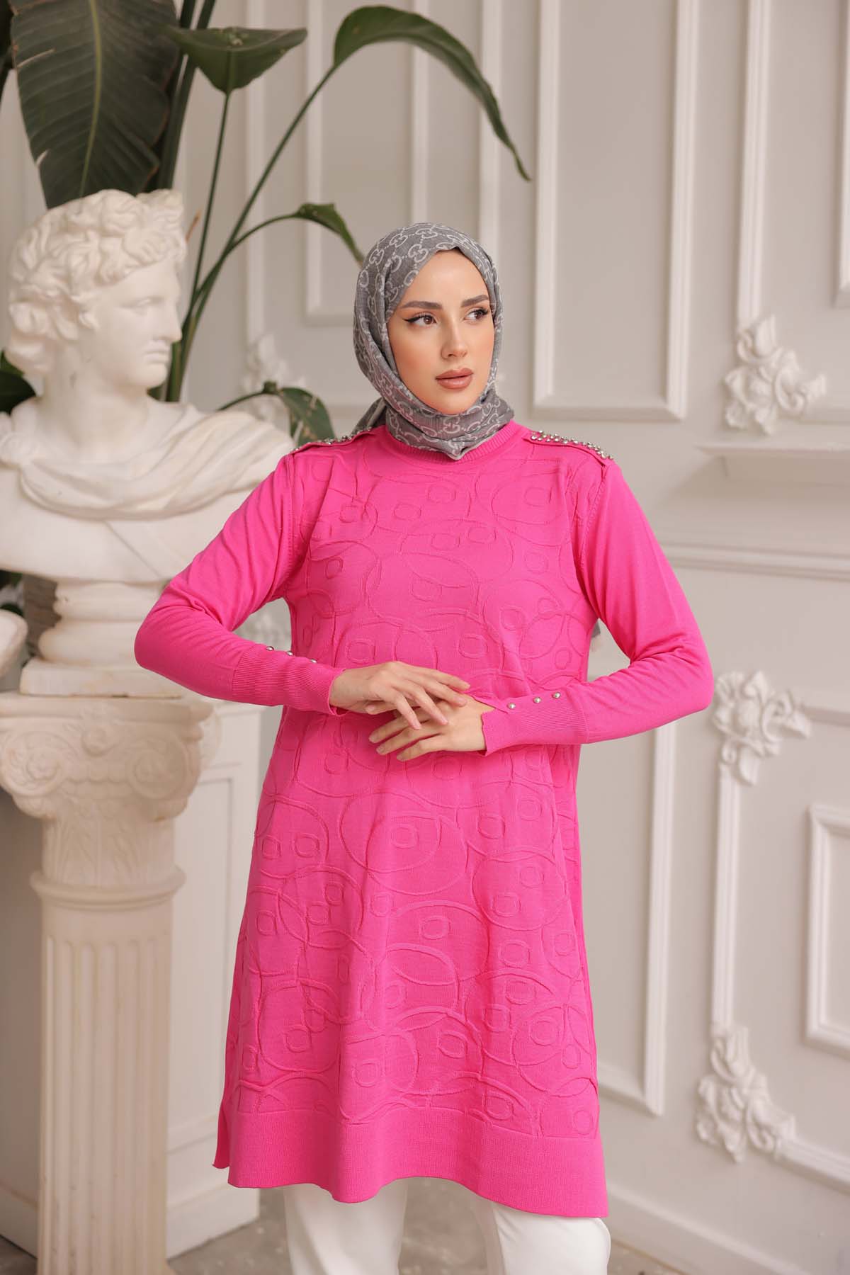 Merserize Omzu Beyoğlu Taşlı Yuvarlak Desenli Tunik