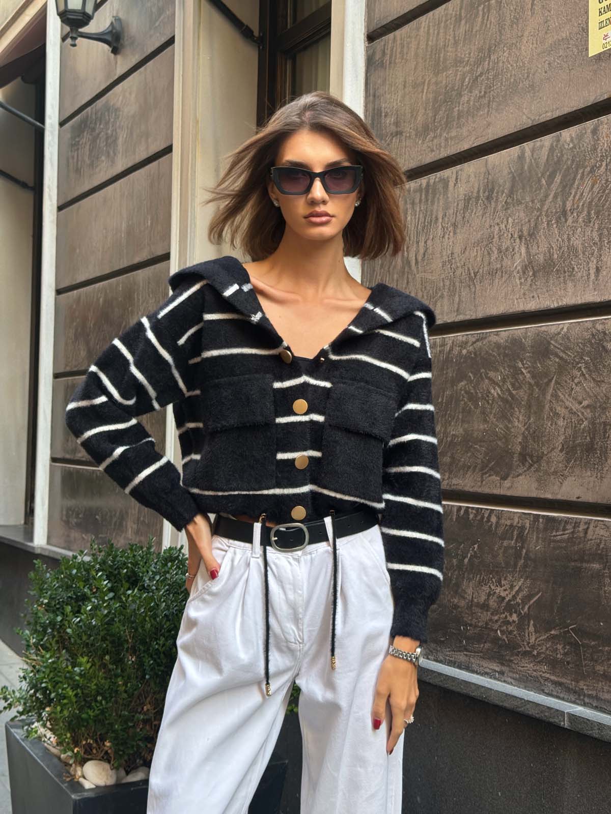 Angora Kaşonlu Çizgili Hırka