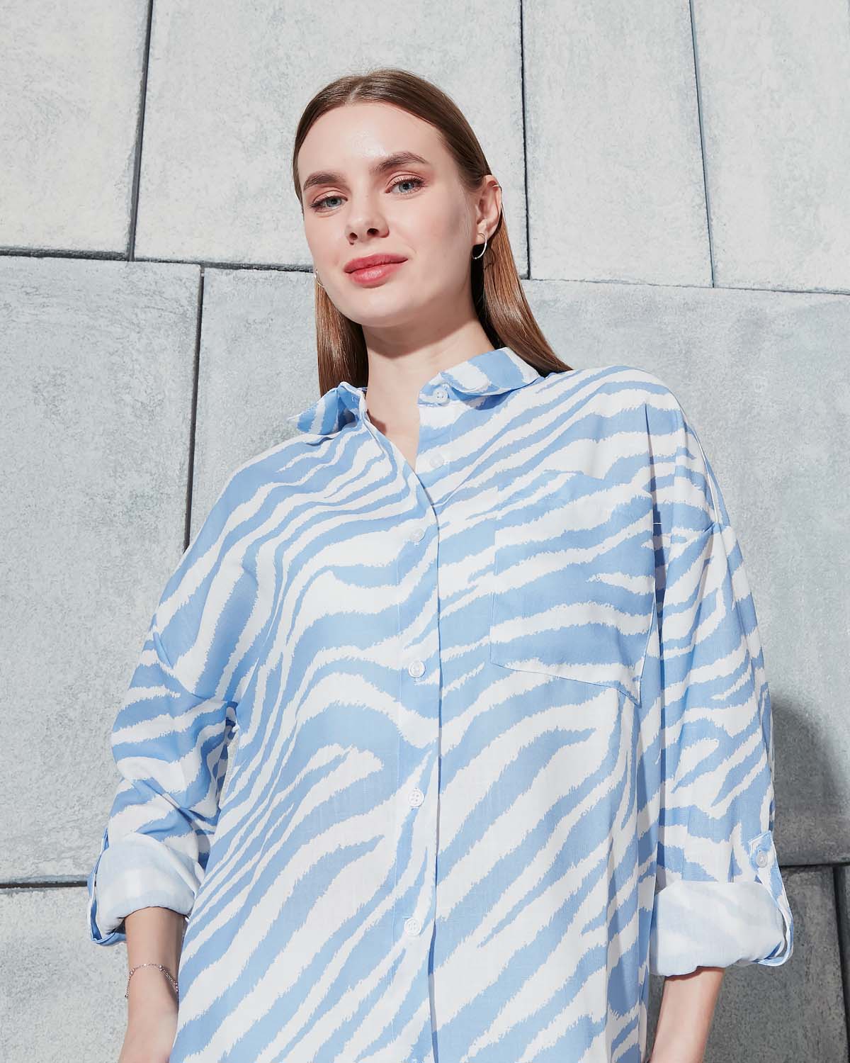 Zebra Desen Kısa Kolu Keten Gömlek