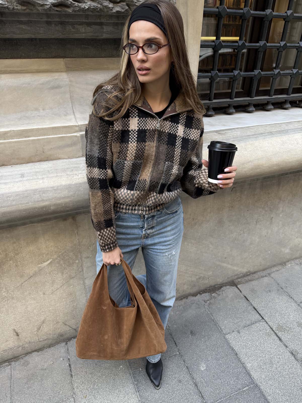 Şardon&Angora Kareli Fermuarlı Hırka