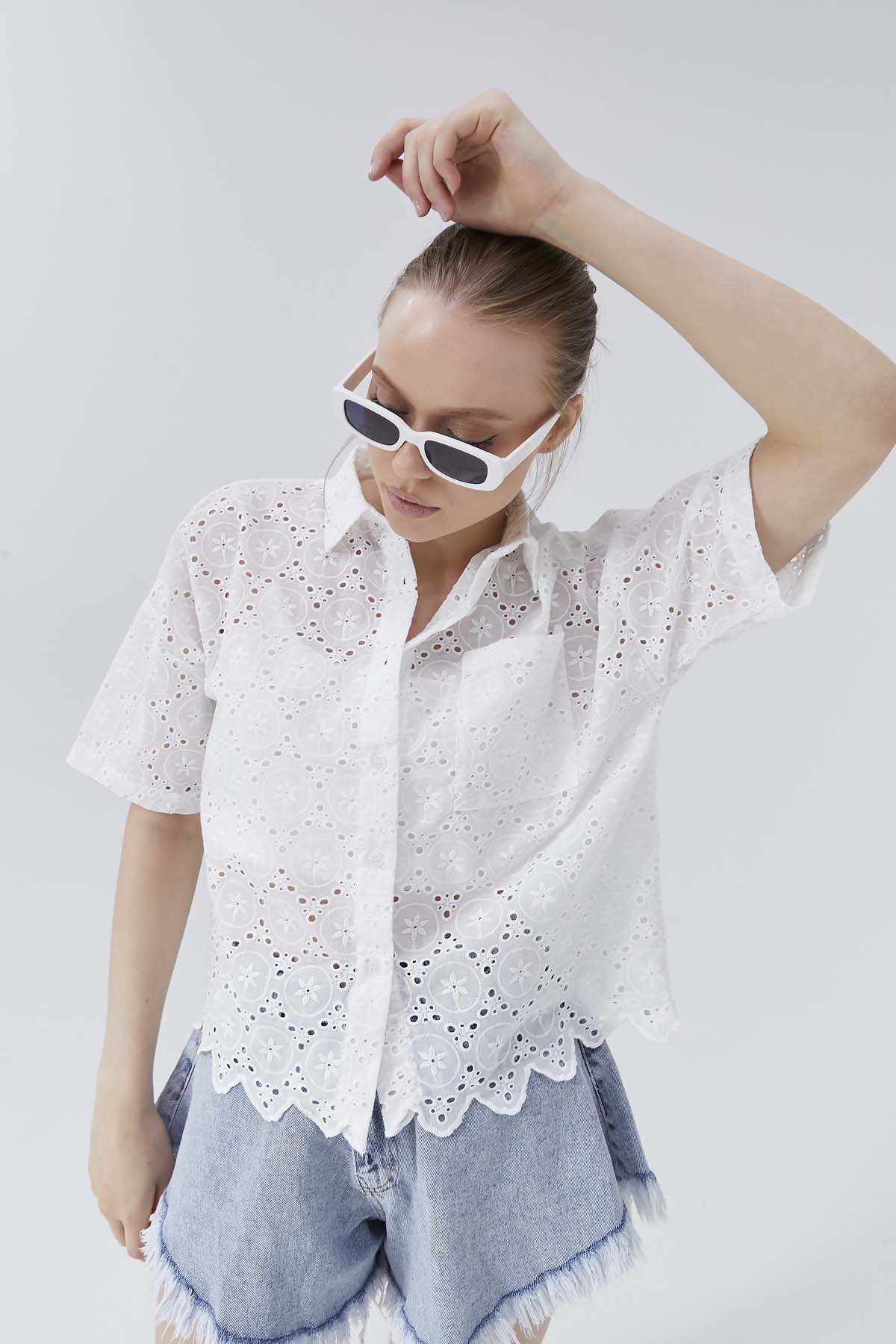 Ajurlu Cepli Crop Gömlek