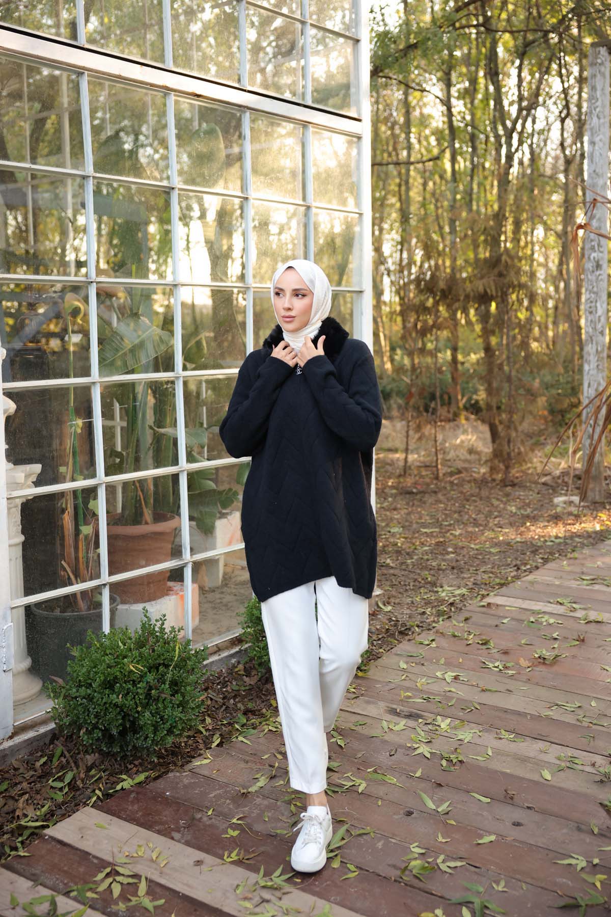 Angora Yakası Kürklü Uzun Hırka