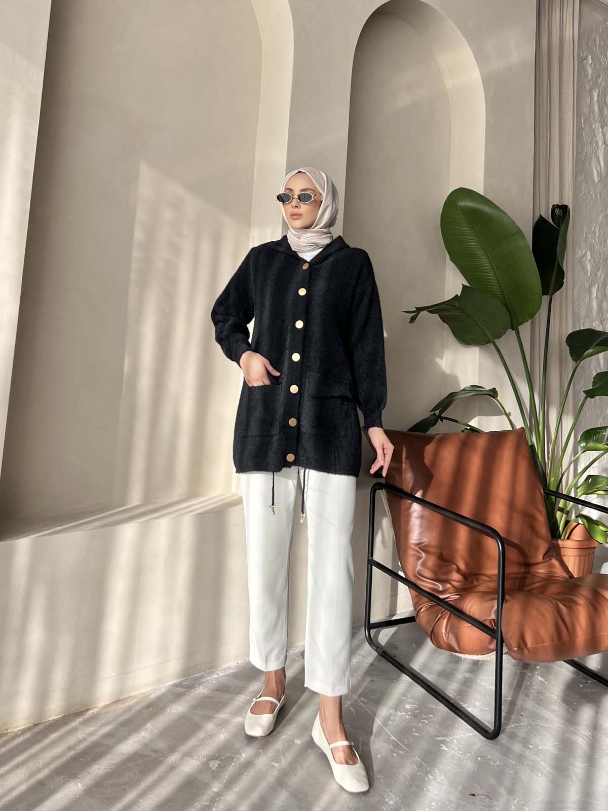 Angora Kapşonlu Uzun Hırka