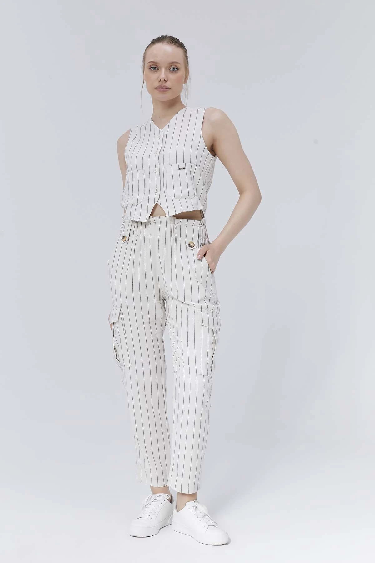 Çizgili  Keten  Yelek