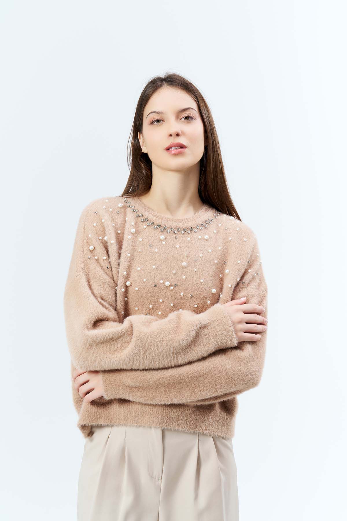 Angora Serpme İncili Yaka Taşlı Kazak