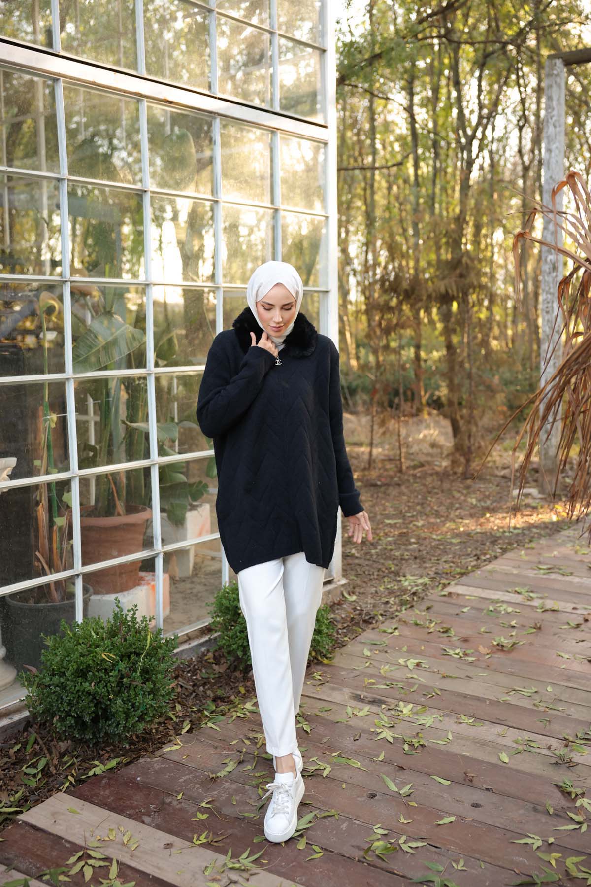 Angora Yakası Kürklü Uzun Hırka