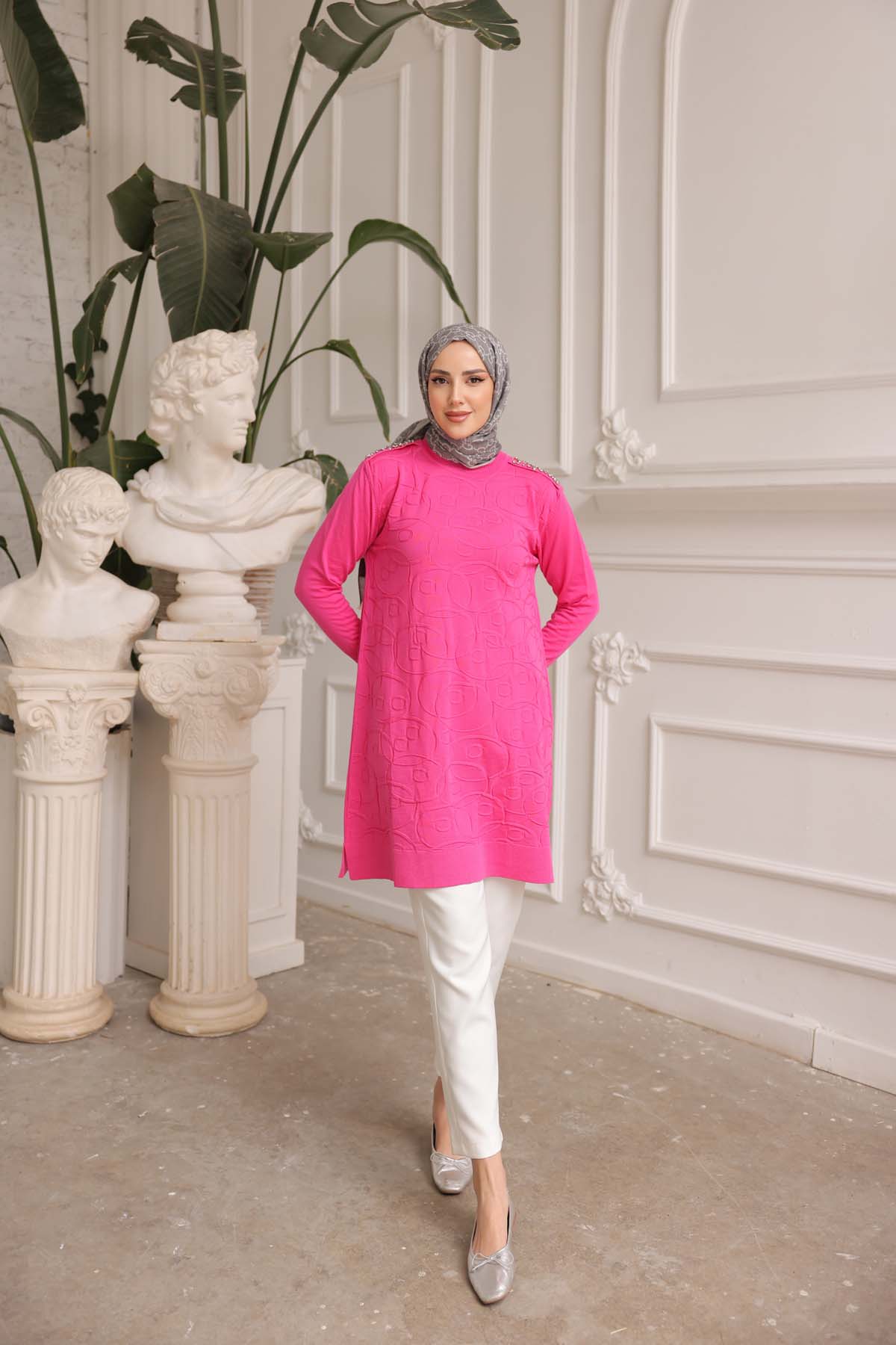 Merserize Omzu Beyoğlu Taşlı Yuvarlak Desenli Tunik