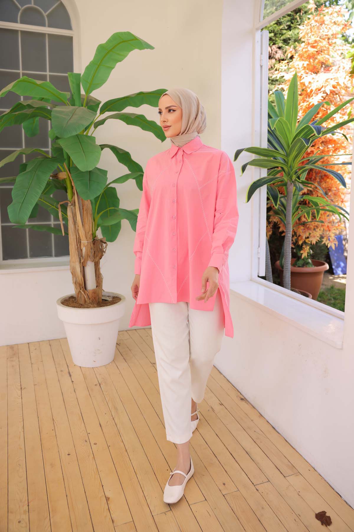 Baklava Desenli Düğmeli Uzun Kollu Gömlek