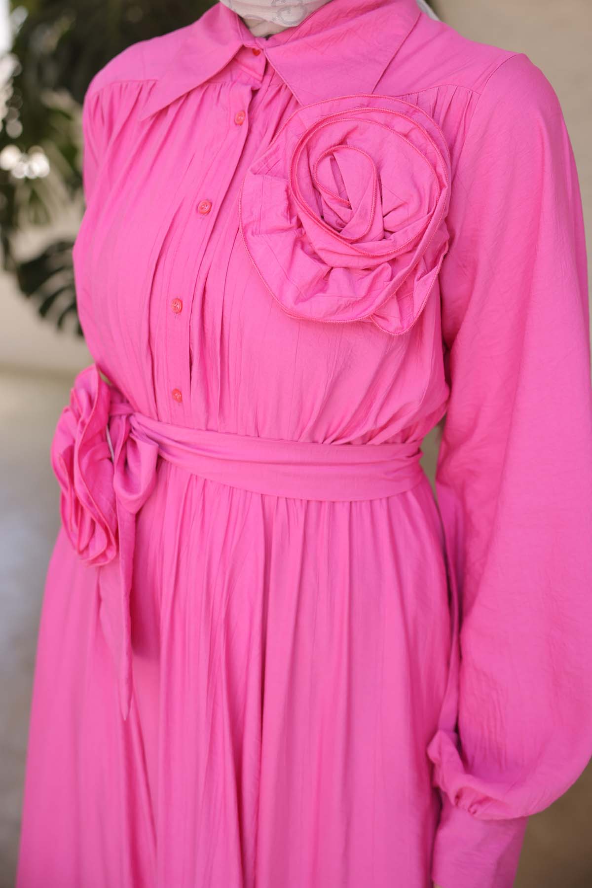 Gömlek Yaka Güllü Dokuma Elbise