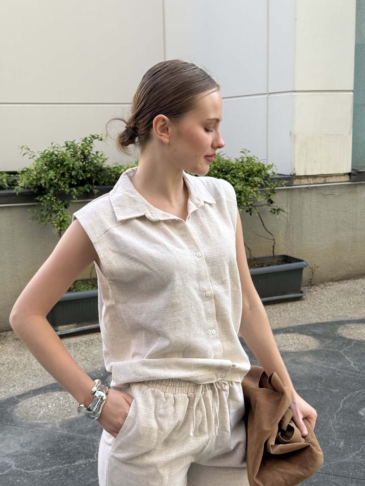 DÜZ KETEN GÖMLEK YAKA YELEK