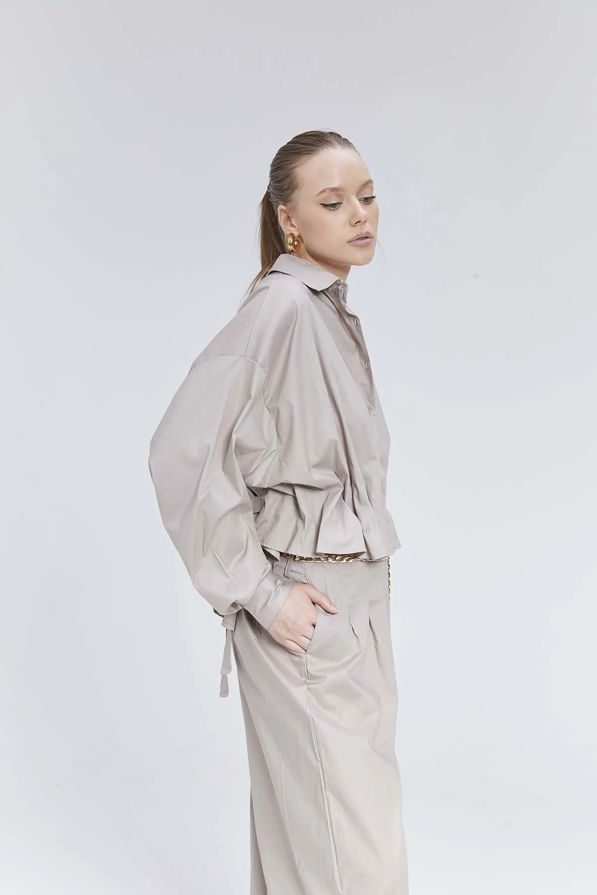 Önü Büzgülü Poplin Gömlek