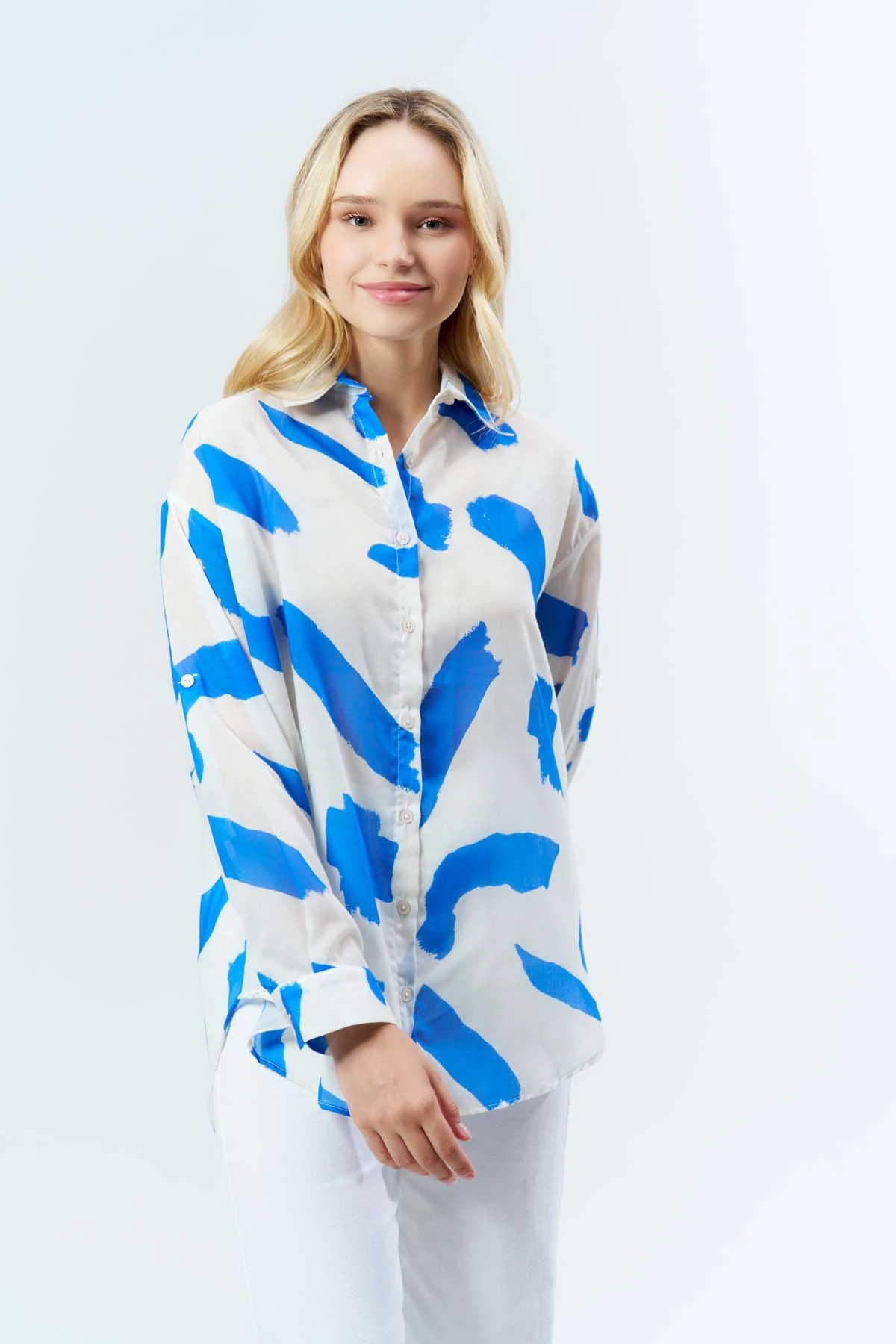 Mavi Fırça Desen Düğmeli Gömlek