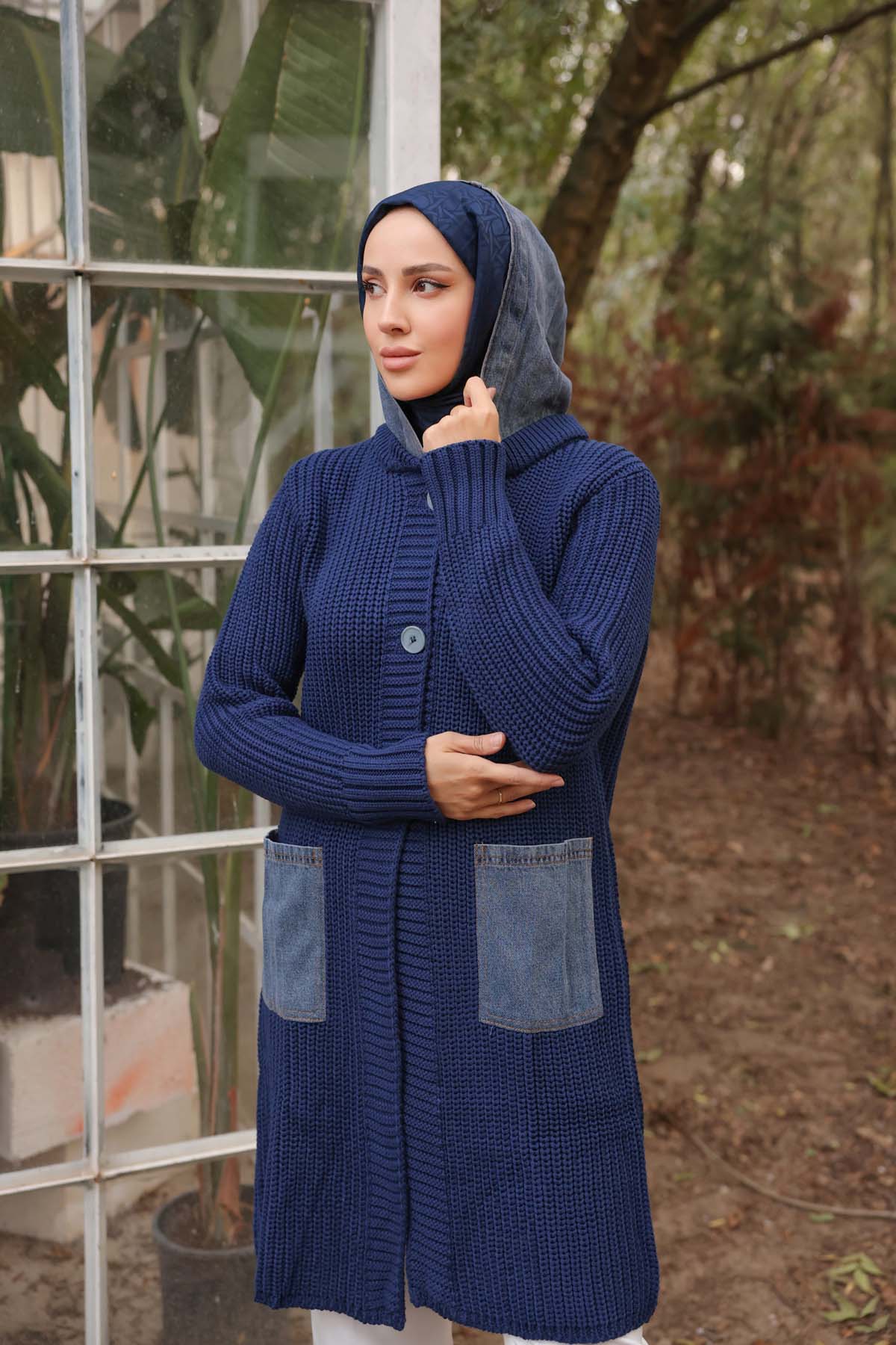 Kot Kapüşonlu Kot Cepli Uzun Hırka