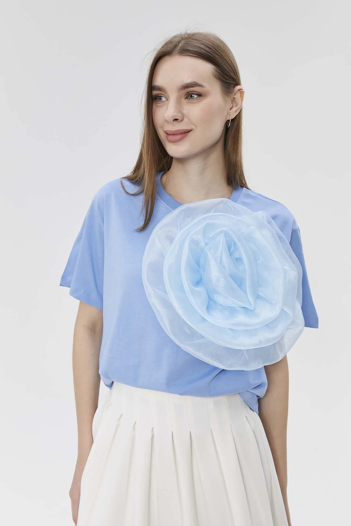 Organze Gül  Aplikeli  Penye Tişört